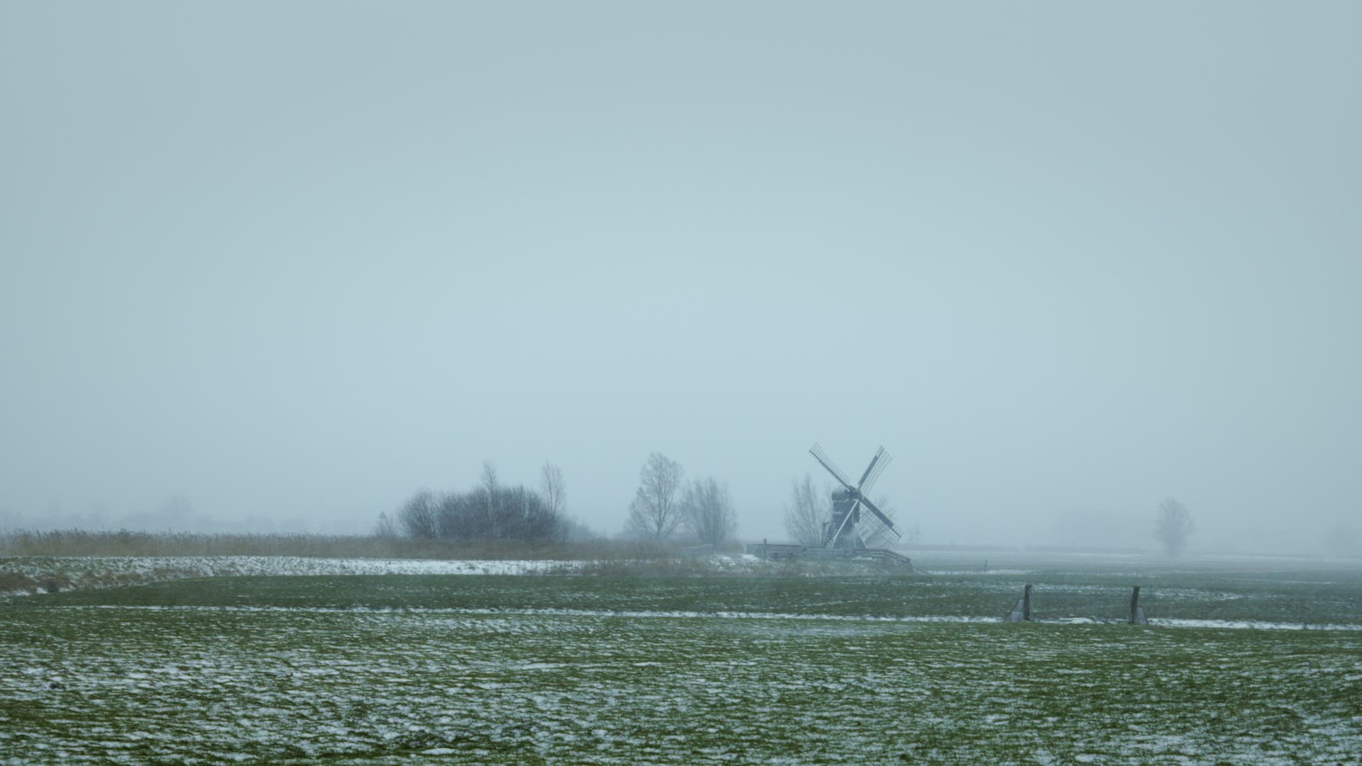 Snow falling on field with windmill, IJlst, Friesland, Netherlands