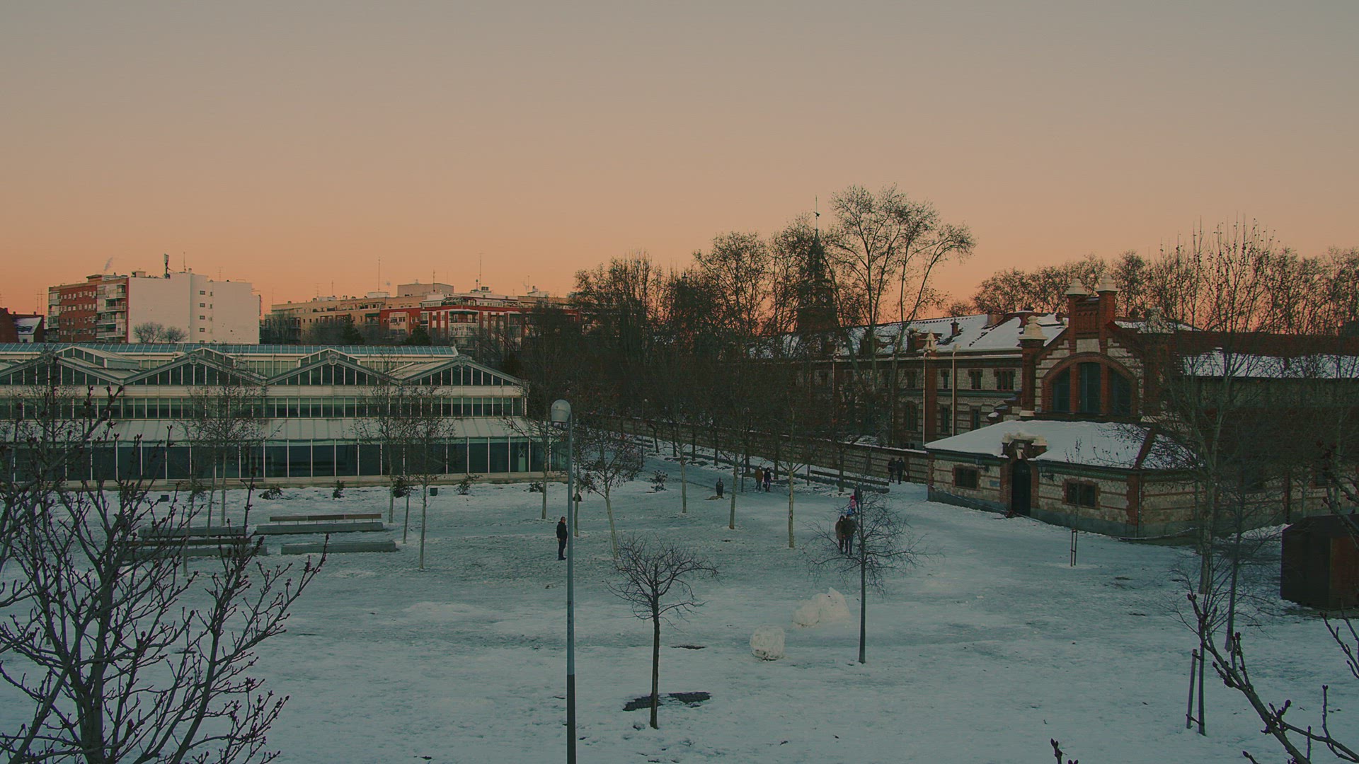 Snowy city park at sunset