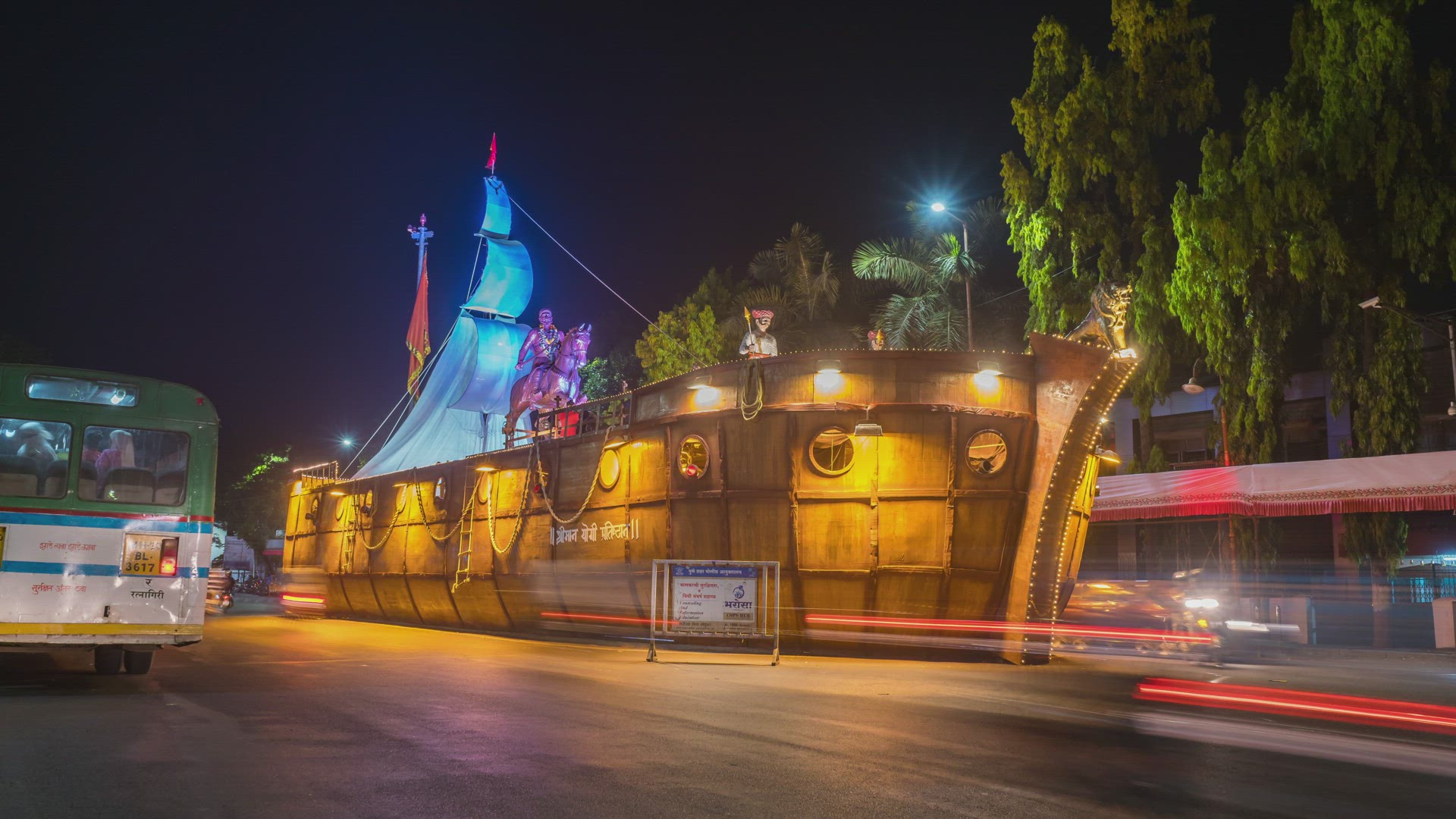 Busy Night Traffic Time Lapse During Festival at Shivaji Statue in a City, Maharashtra, India