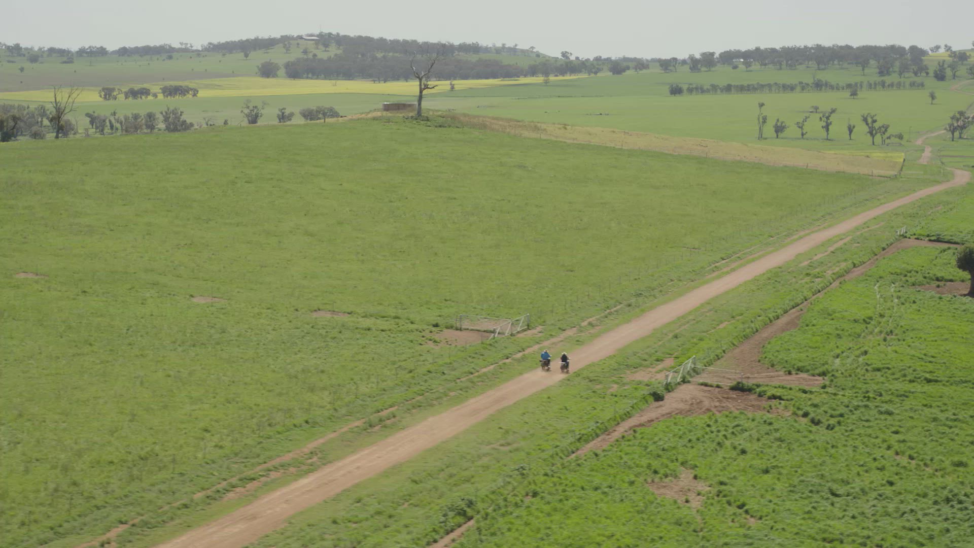Two farmers ride motobikes through farm