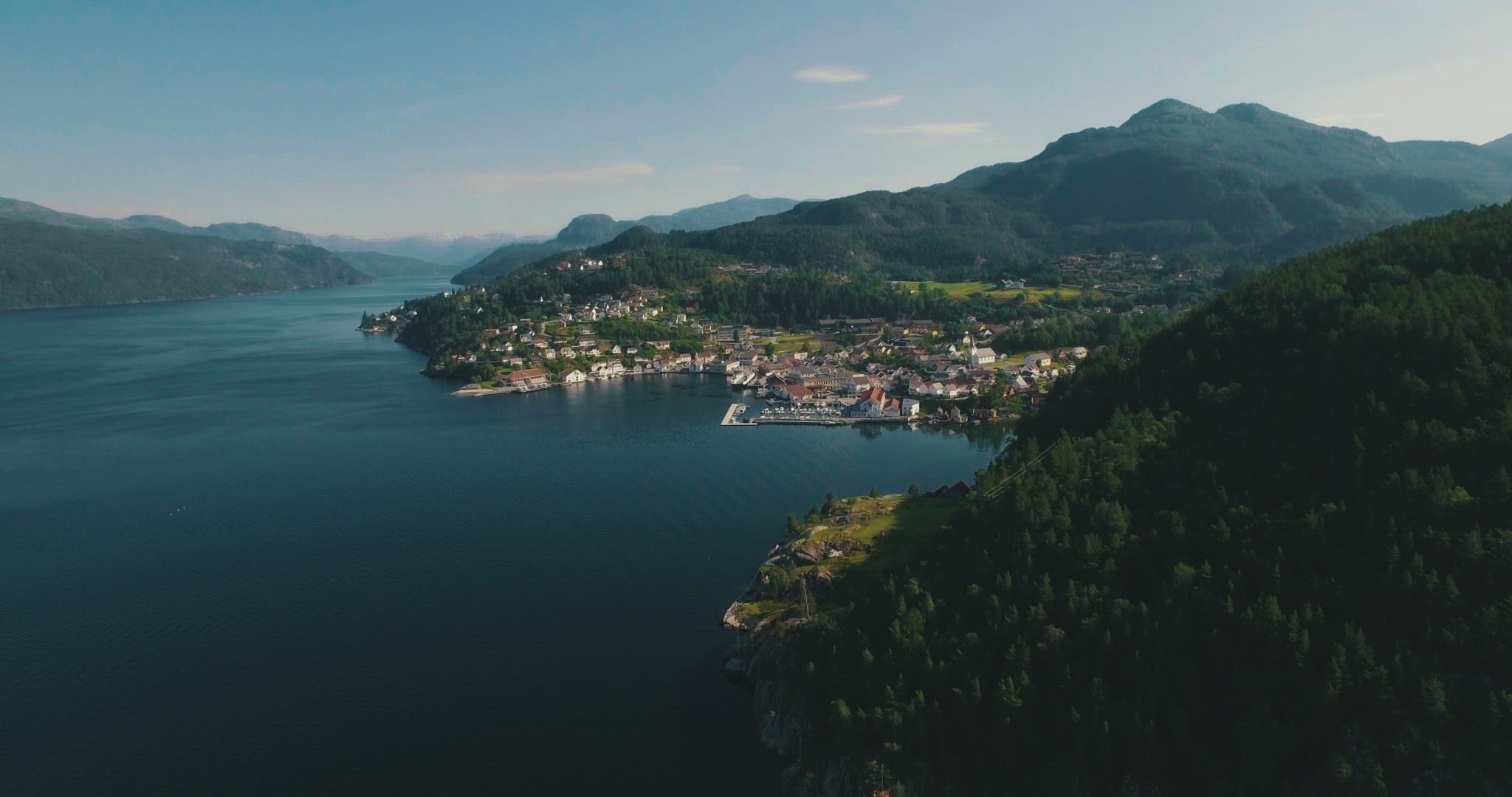 norway fjord aerial harbour mountains summer travel outdoors 4k