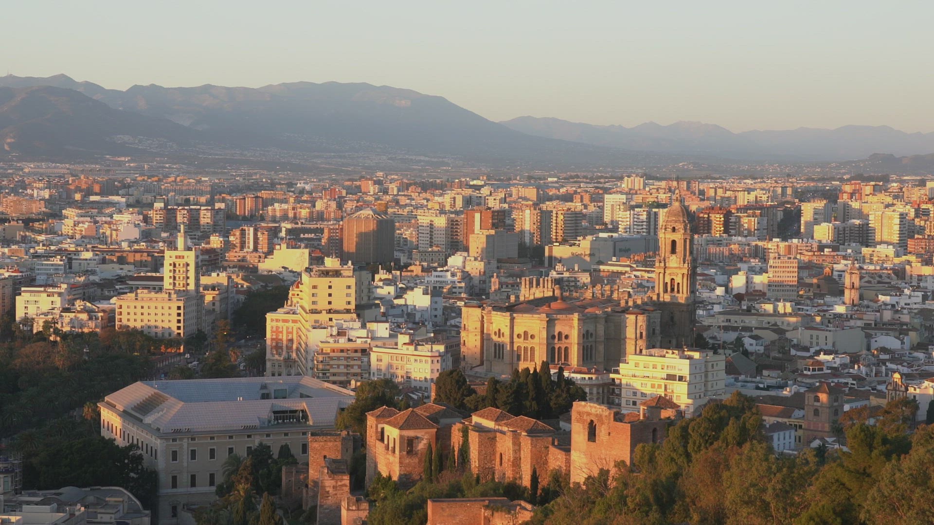 City and hills at sunset, Malaga, Spain