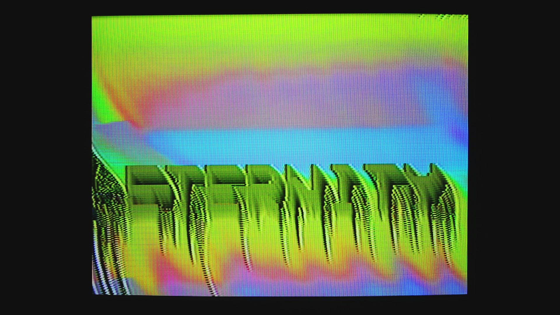 Distorted TV screen with abstract colorful pattern and word Eternity