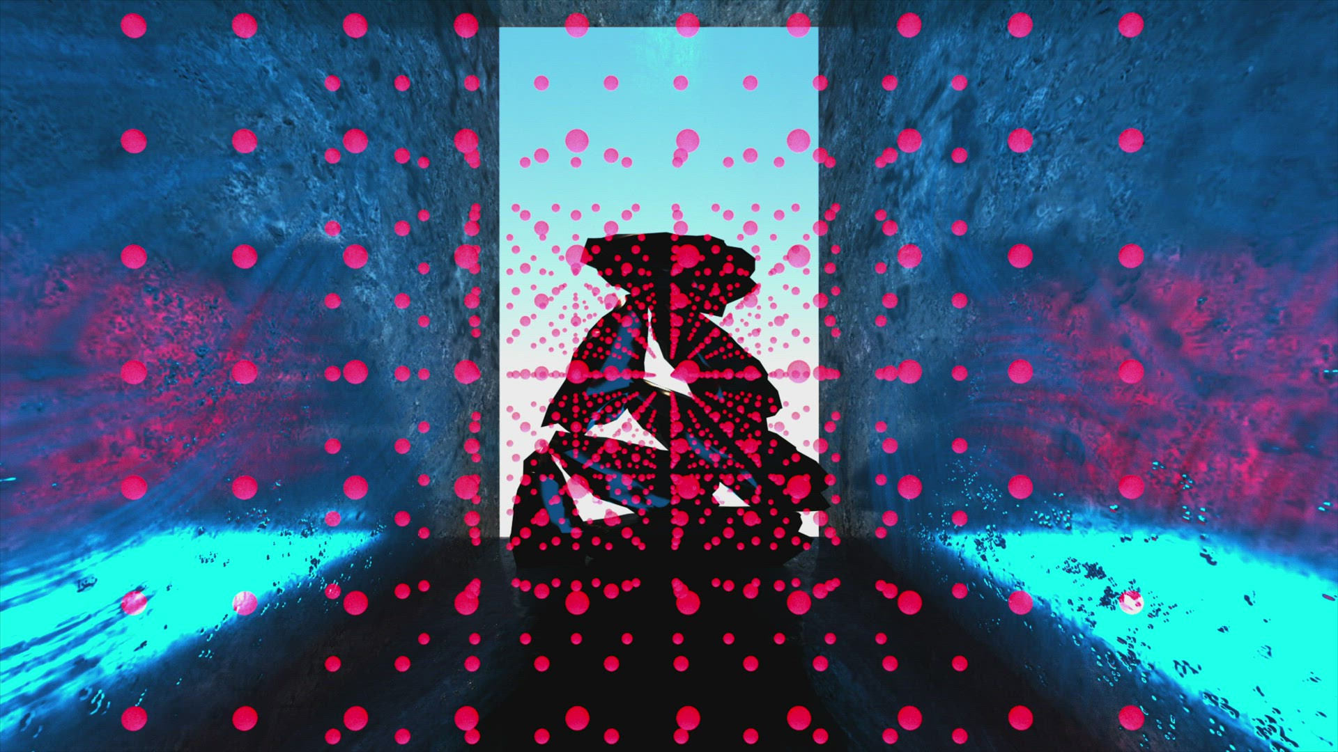 Rotating marbled hallway with glass end and stone structure with red neon balls, animation