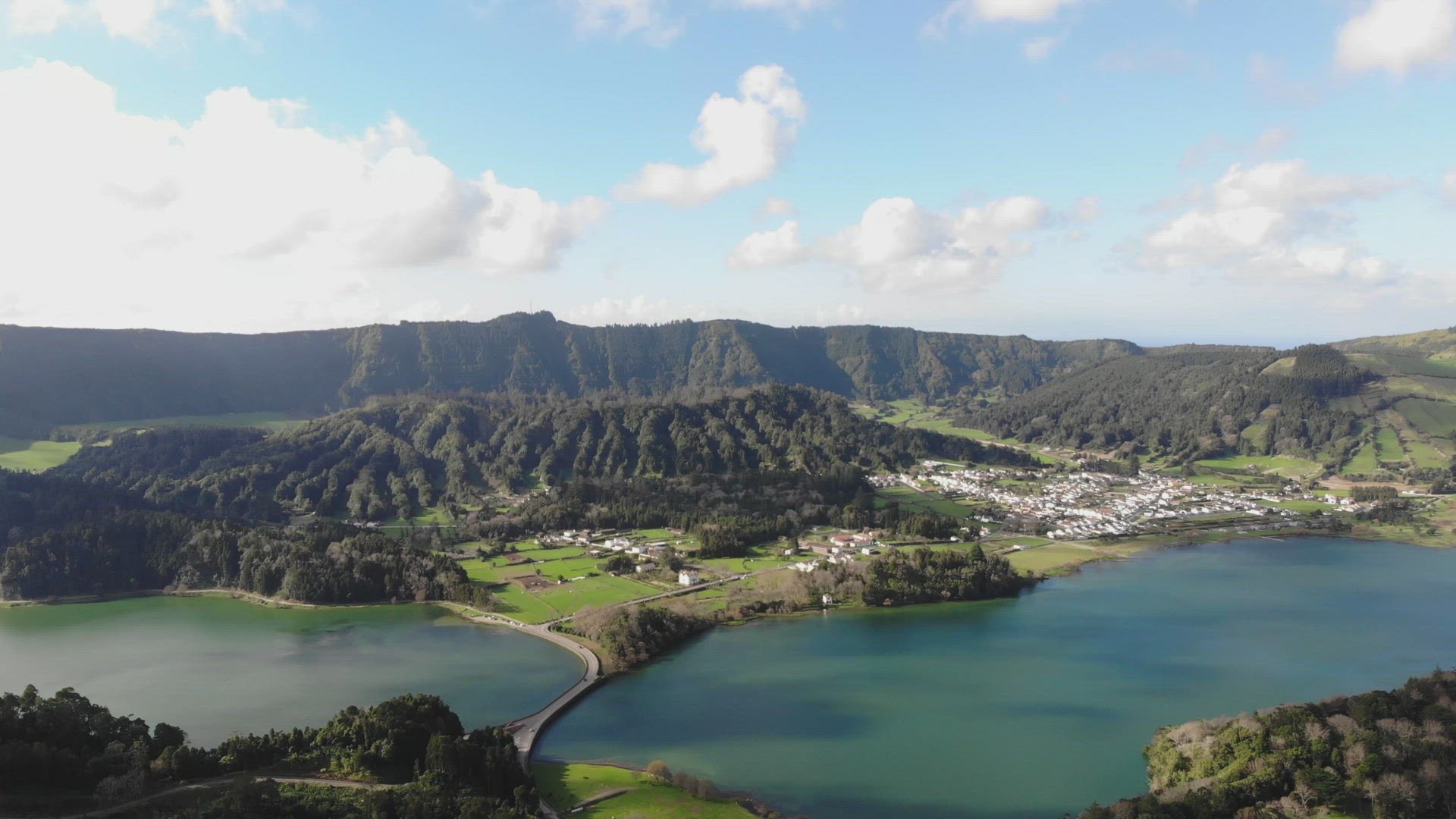 Panoramic of Lagoa Azul (Blue Lake) in Sete cidades, Ponta Delgada, Azores - Pan shot