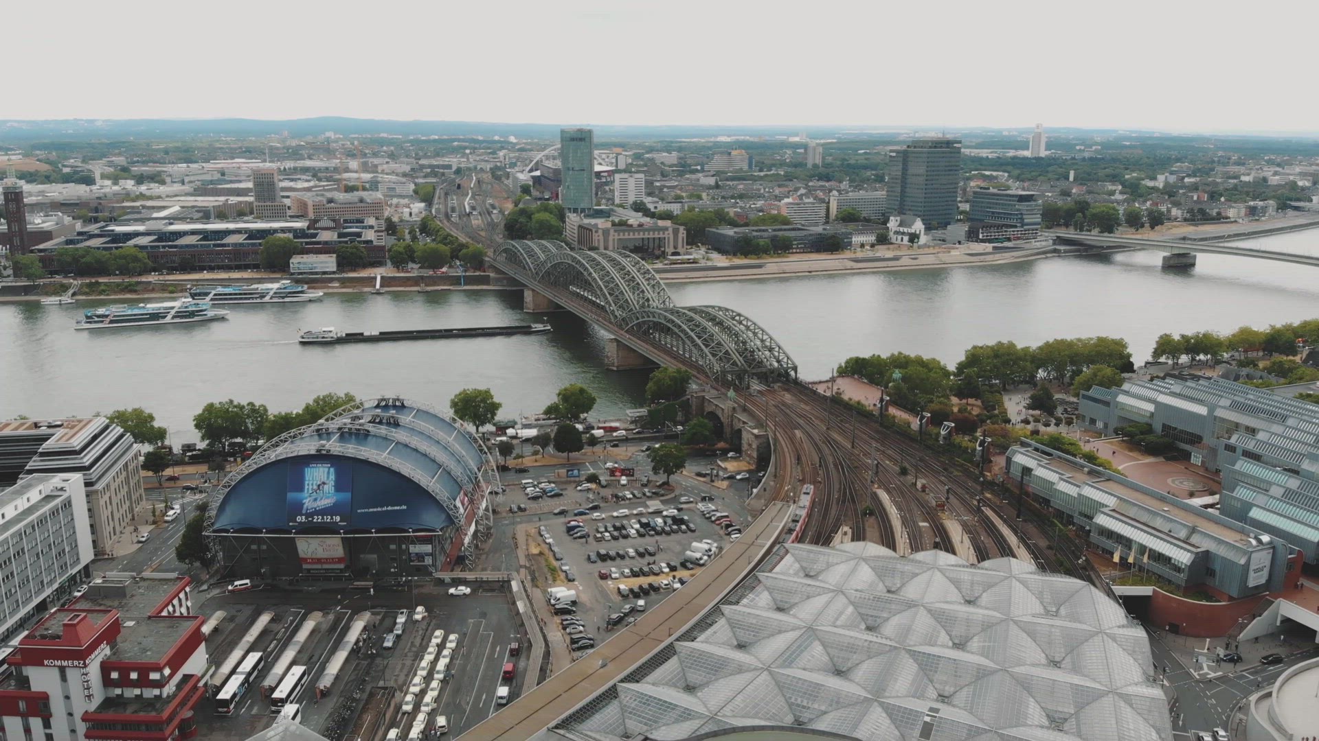Aerial footage of the Hohenzollern Bridge, Cologne, Germany.	