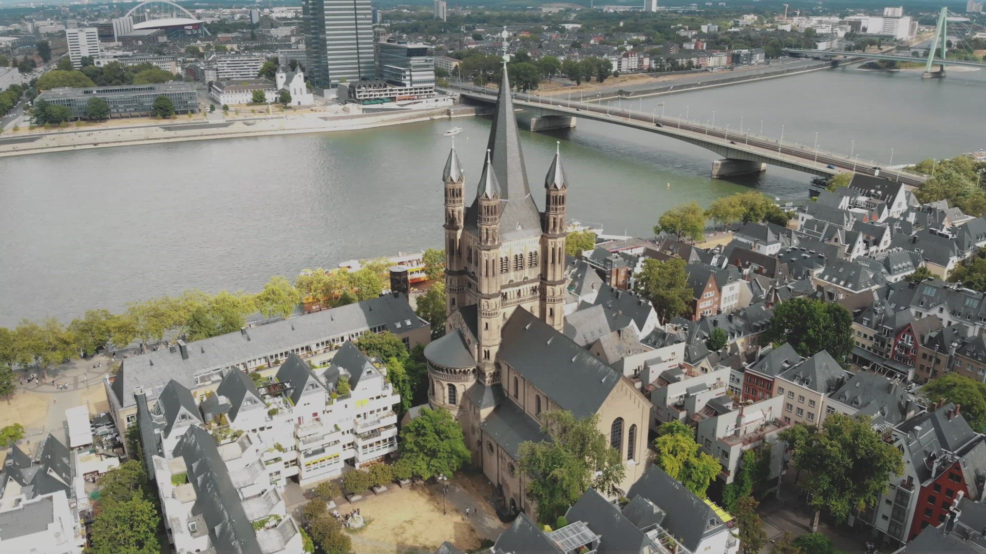 4k aerial footage circling the famous Great Saint Martin Chrurch in Cologne, Germany.	