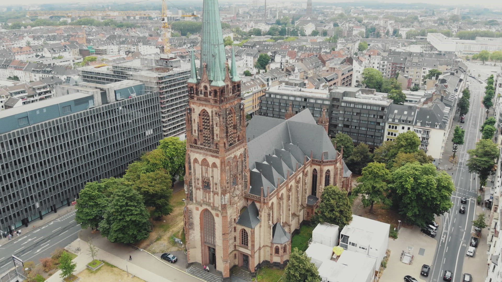 St. Peter neo-gothic catholic church, Dusseldorf, Germany. Aerial	
