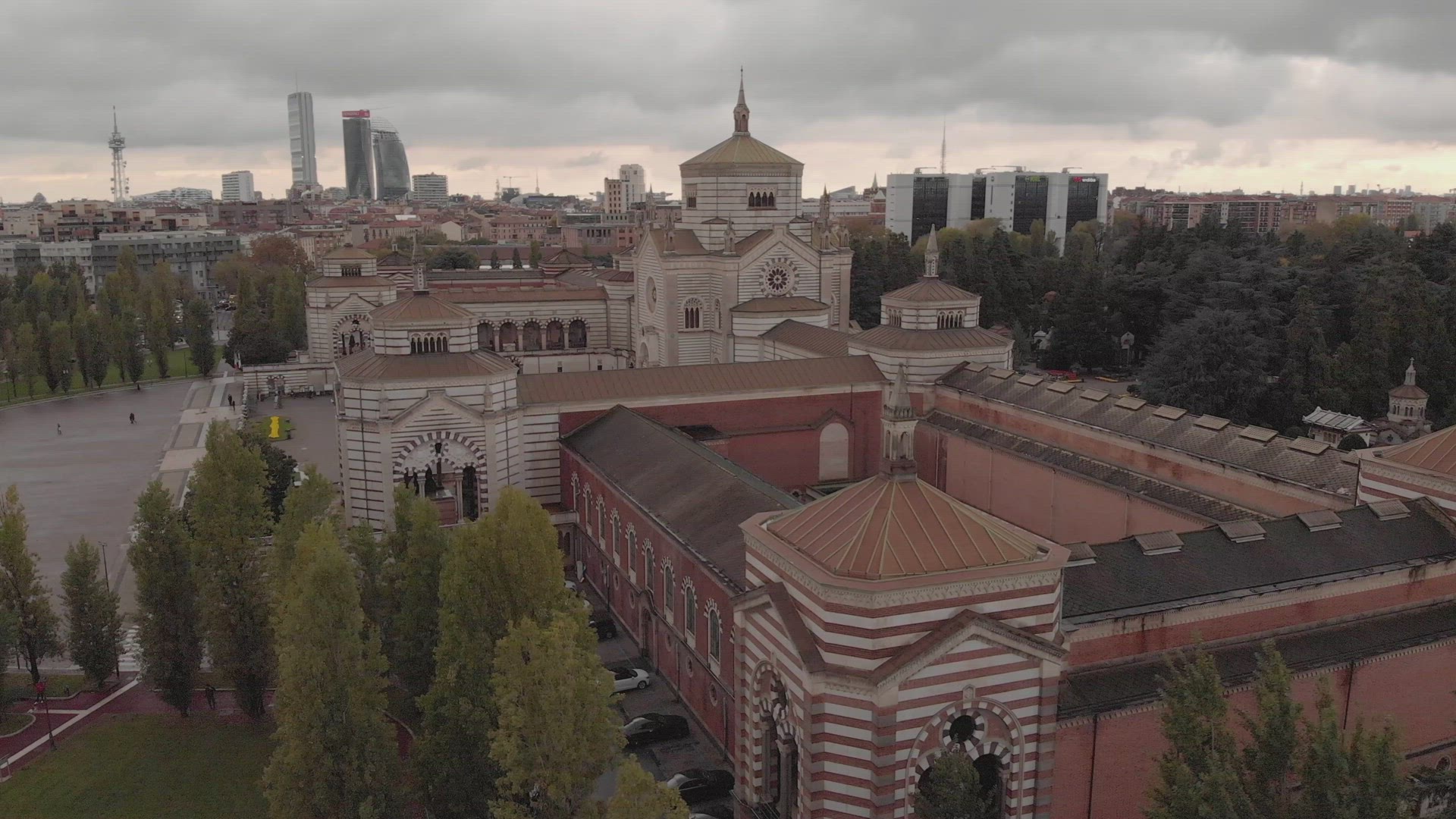 Aerial orbit shot of Monument Cemetery (Cimitero Monumentale) in Milan	