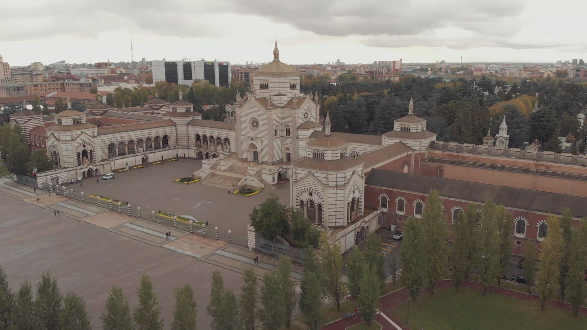 Drone shot of Monument Cemetery (Cimitero Monumentale) in Milan	