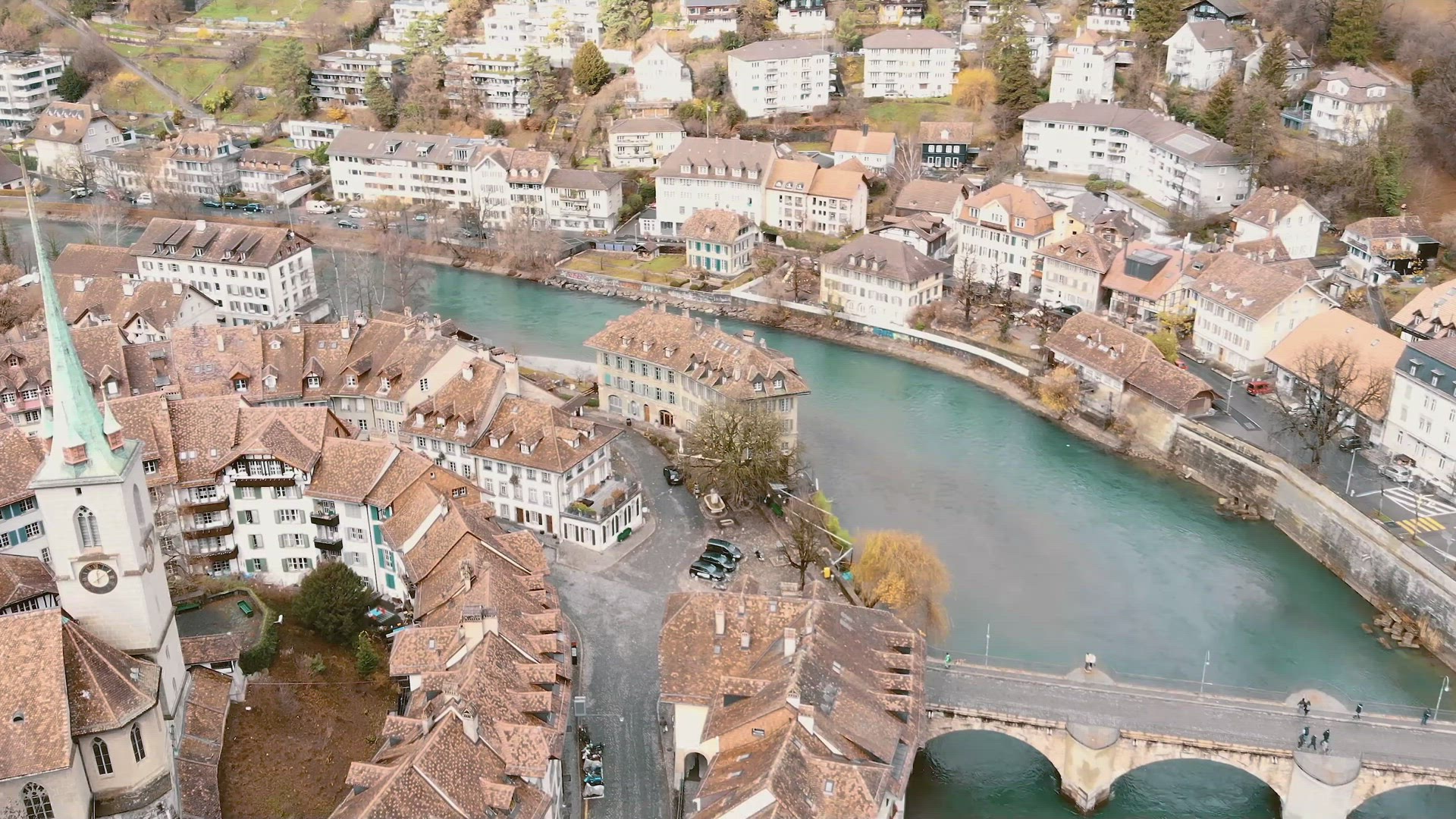 The Old City, Altstadt, by the Aare River, Bern, Switzerland. Aerial forward