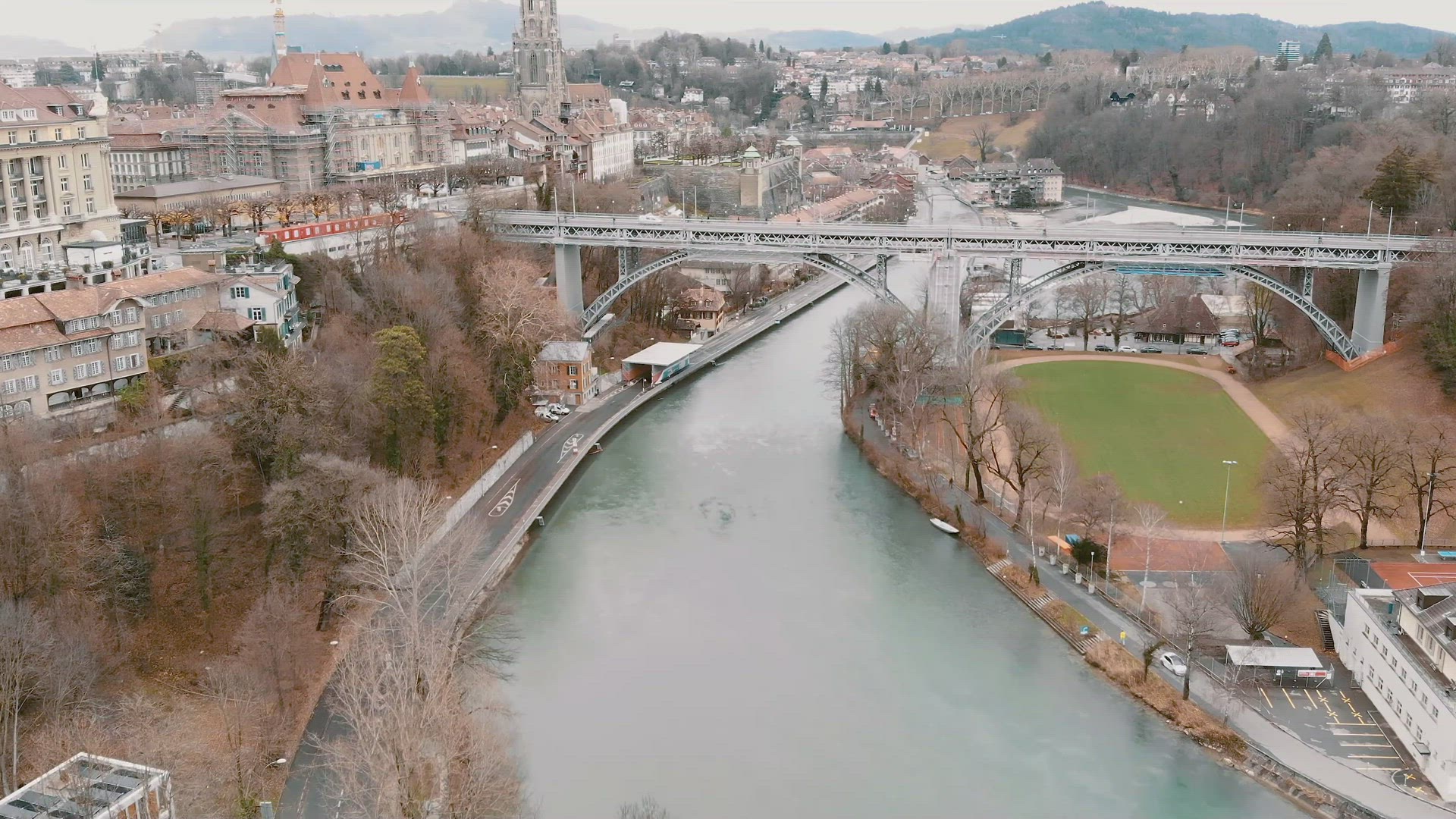 Cathedral of Bern overlooking Kirchenfeldbrücke Bridge in Bern, Switzerland