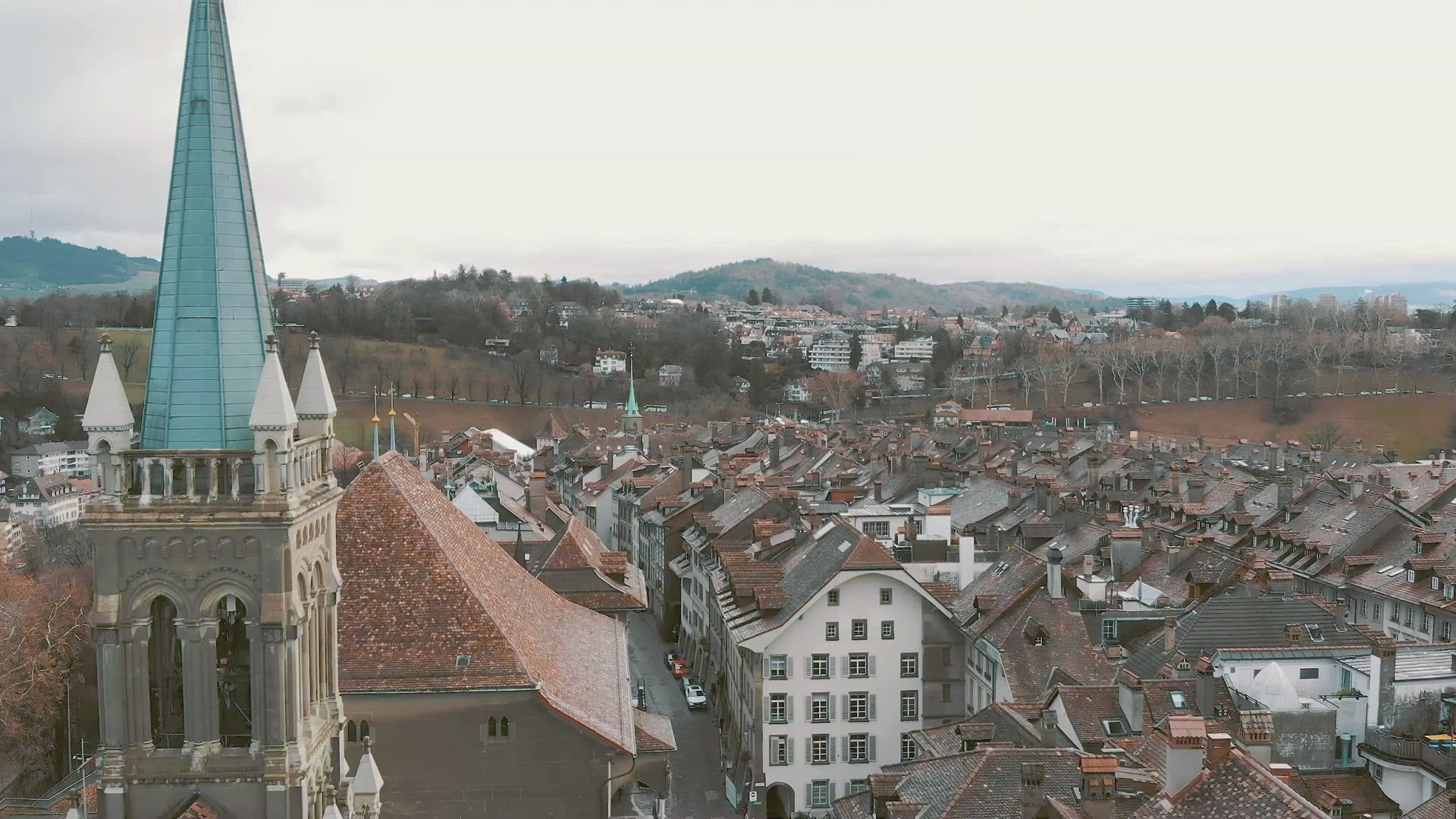 Bern cityscape , aerial forward establisher, Switzerland. Medieval townhouses