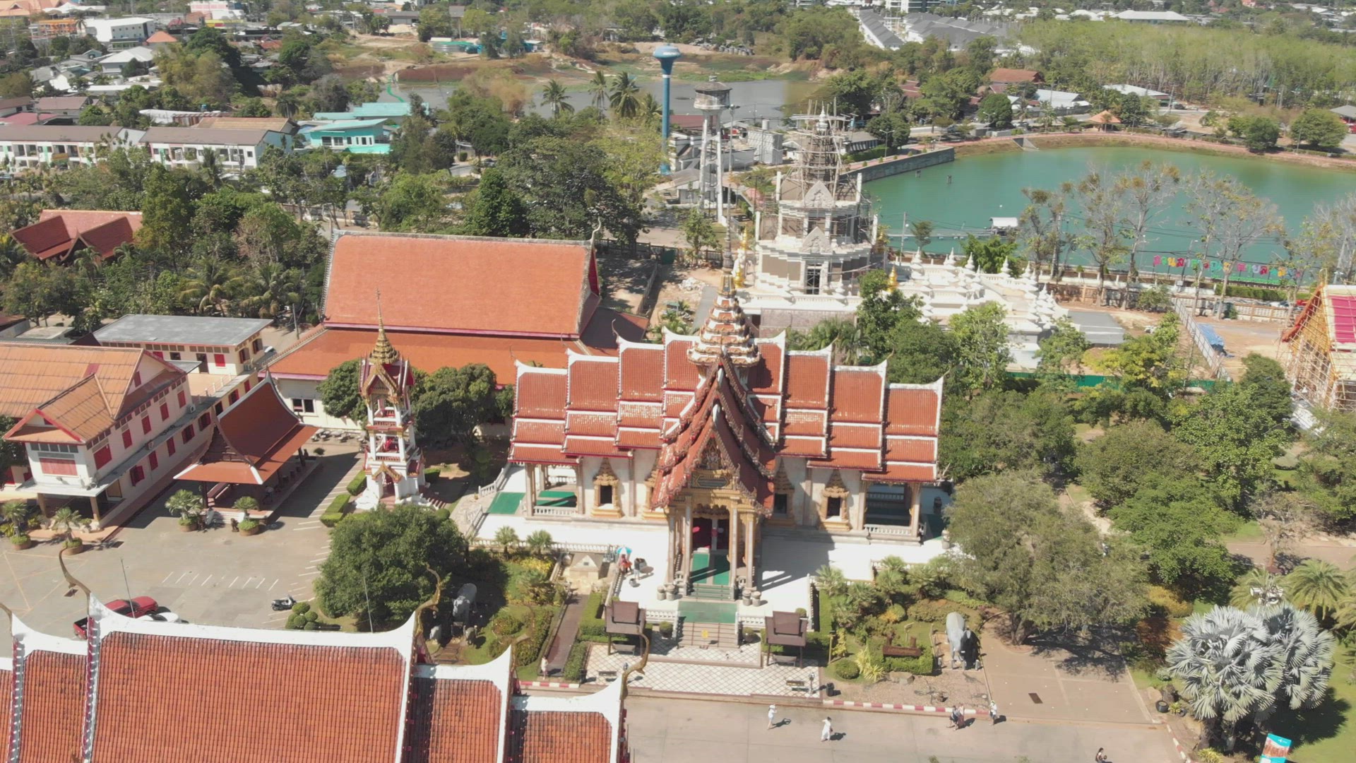 Aerial view of  Wat Chalong, Buddhist temple in Phuket. Establishing shot 