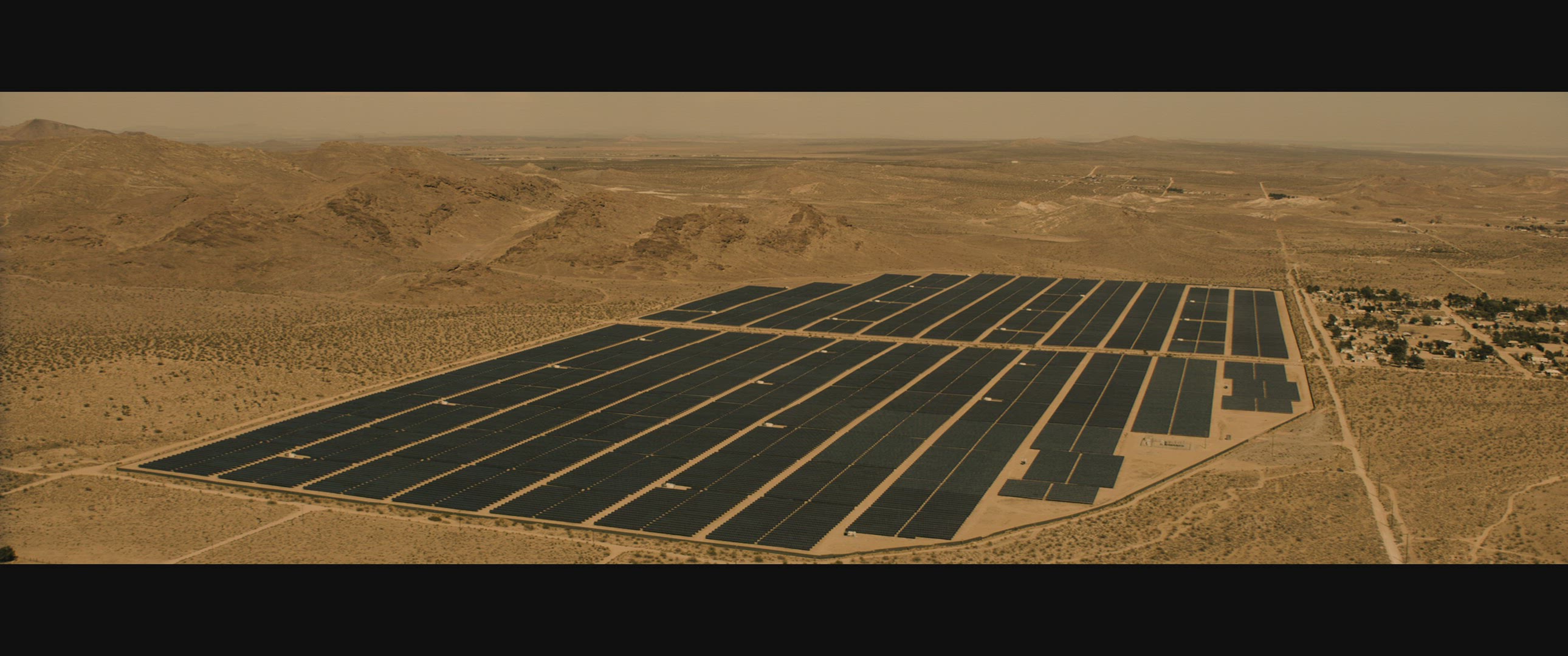 Wide aerial shot over solar panels