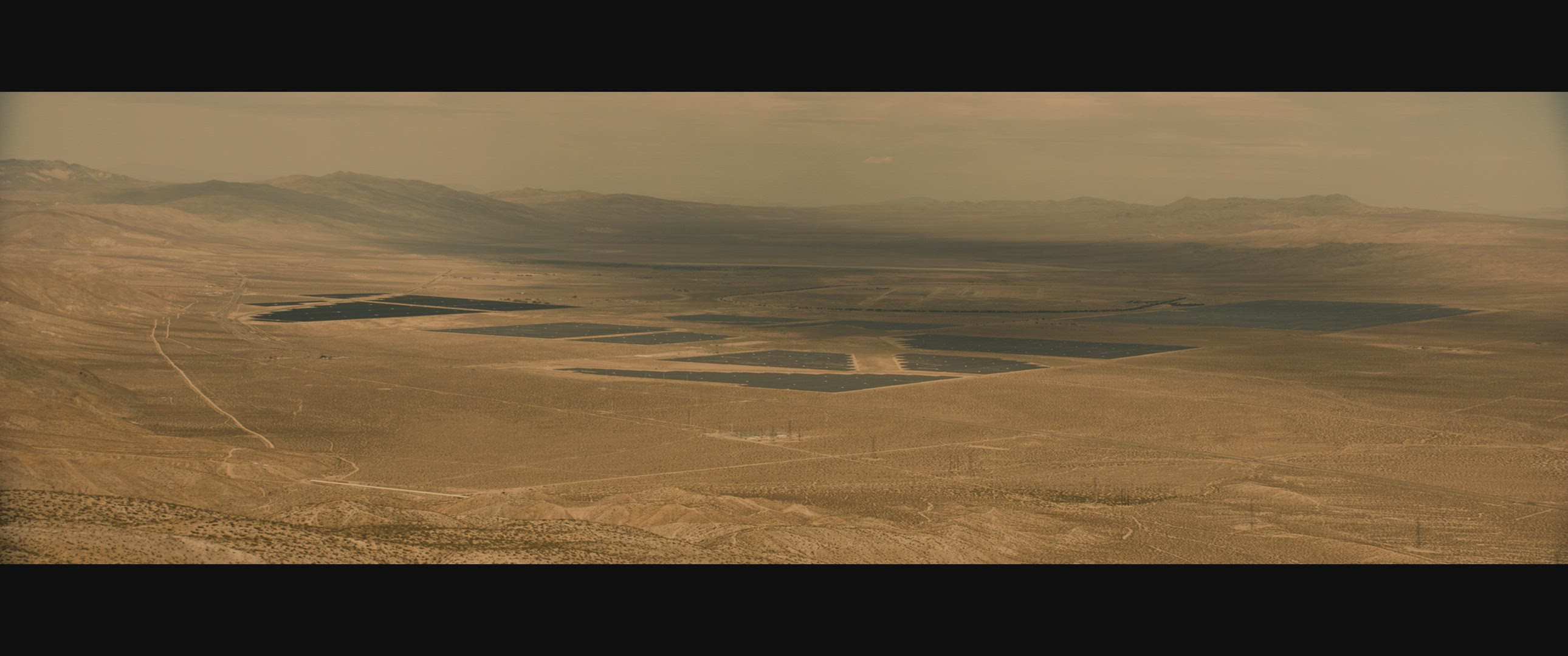 Wide aerial shot over solar panels