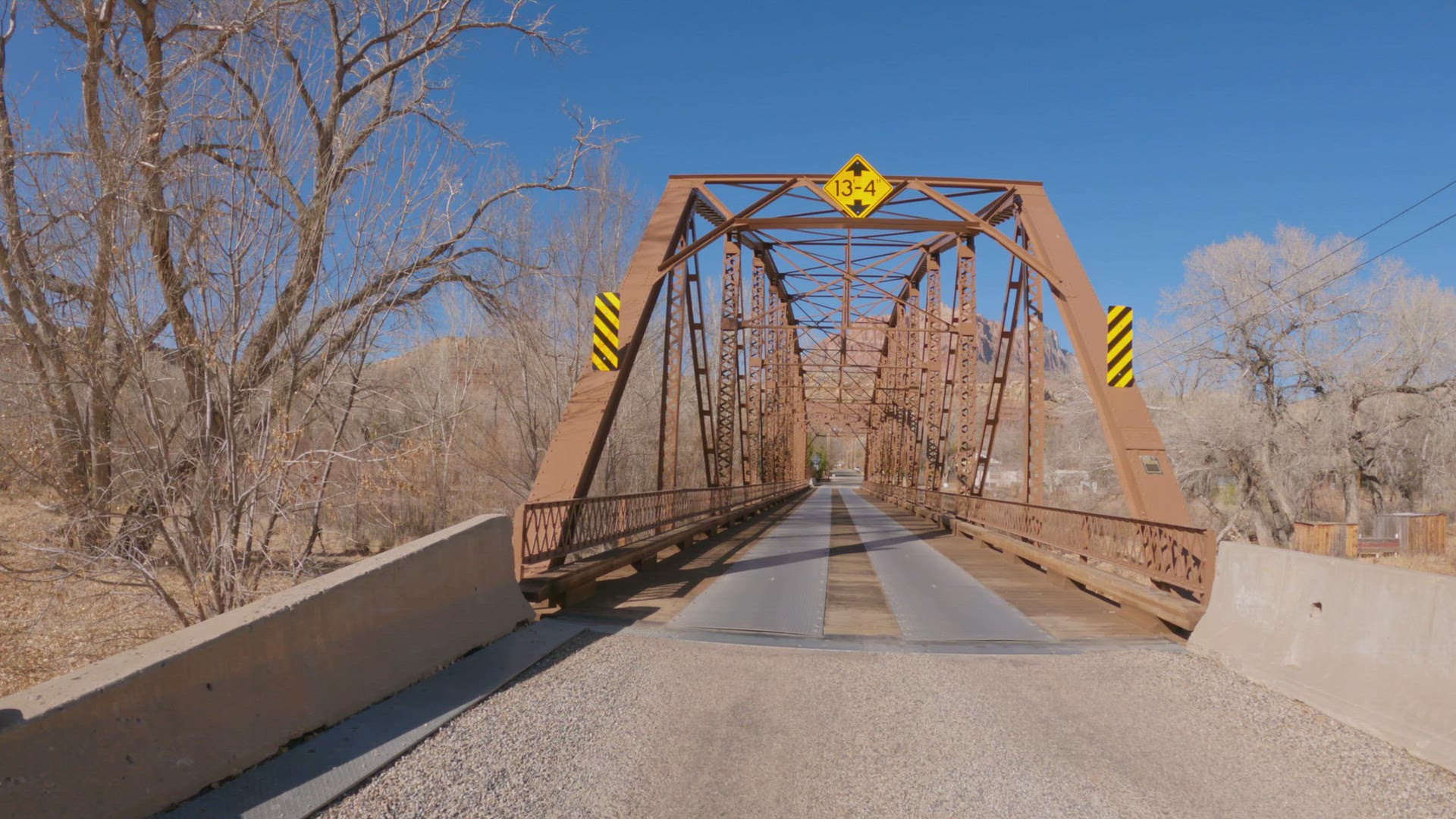 Driving on the Rockville Bridge over the Virgin River in Utah
