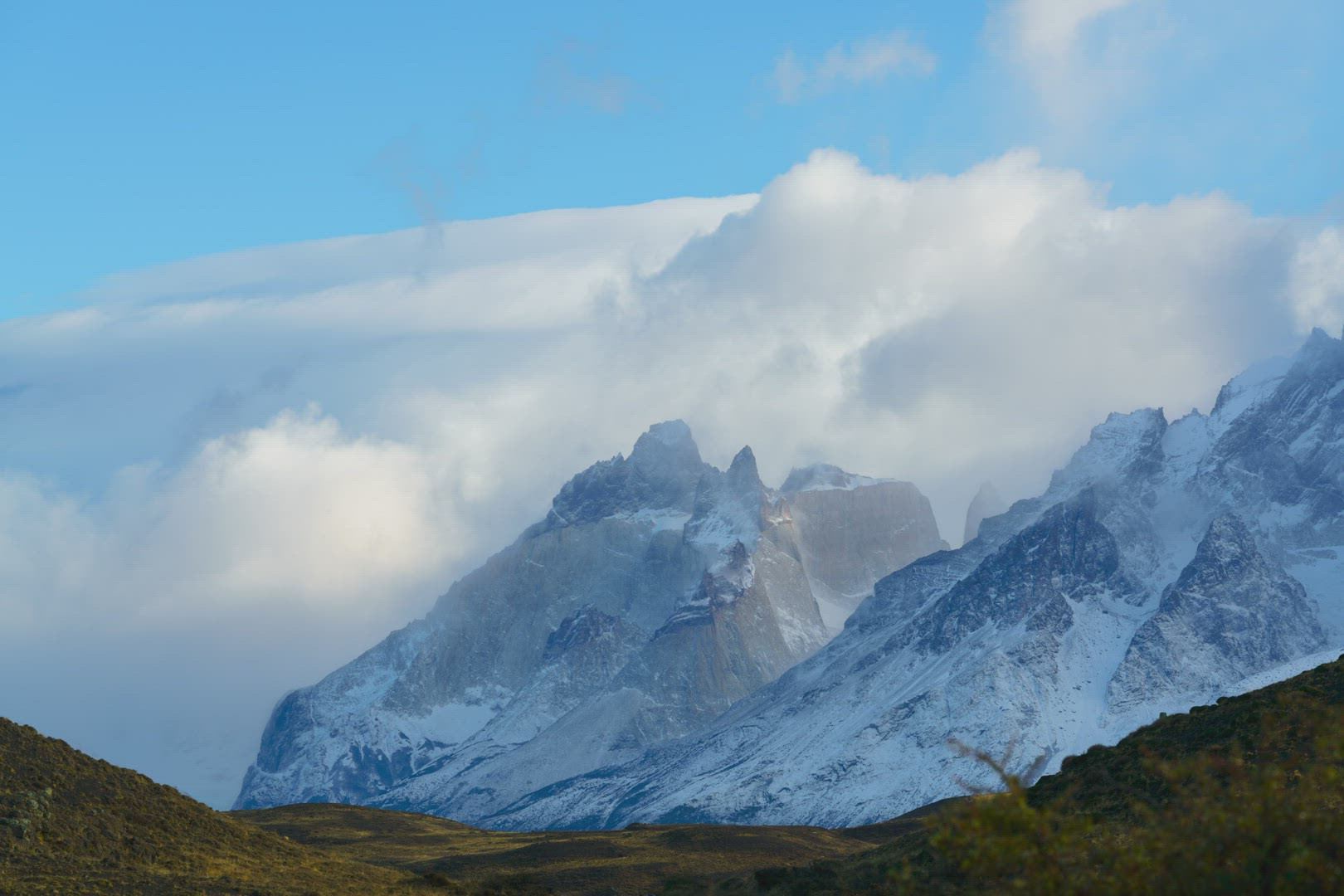 gusts of icy wind with snow powder run through the horns of Paine