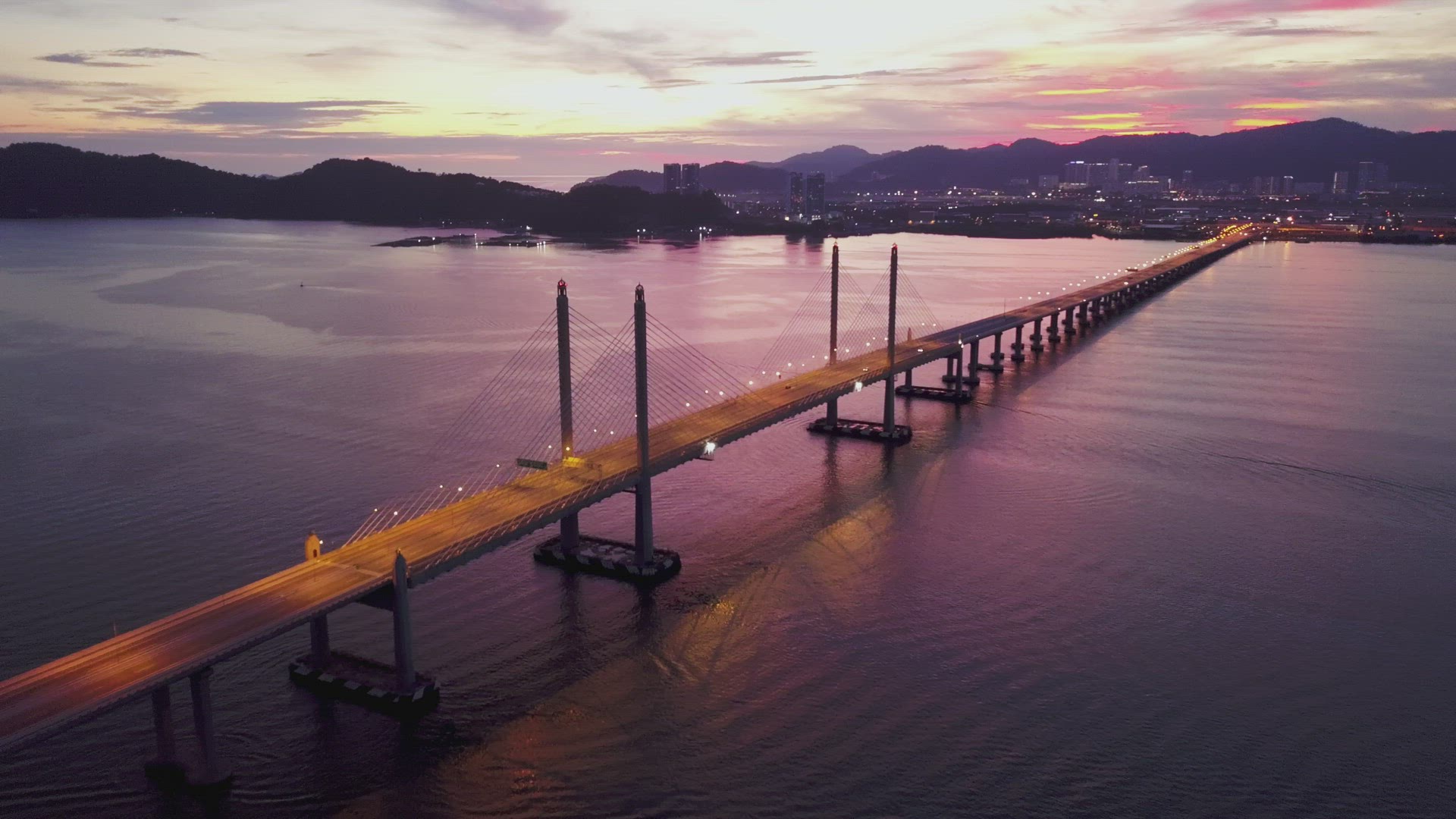 Aerial dramatic highway light of Penang Second Bridge with dramatic twilight