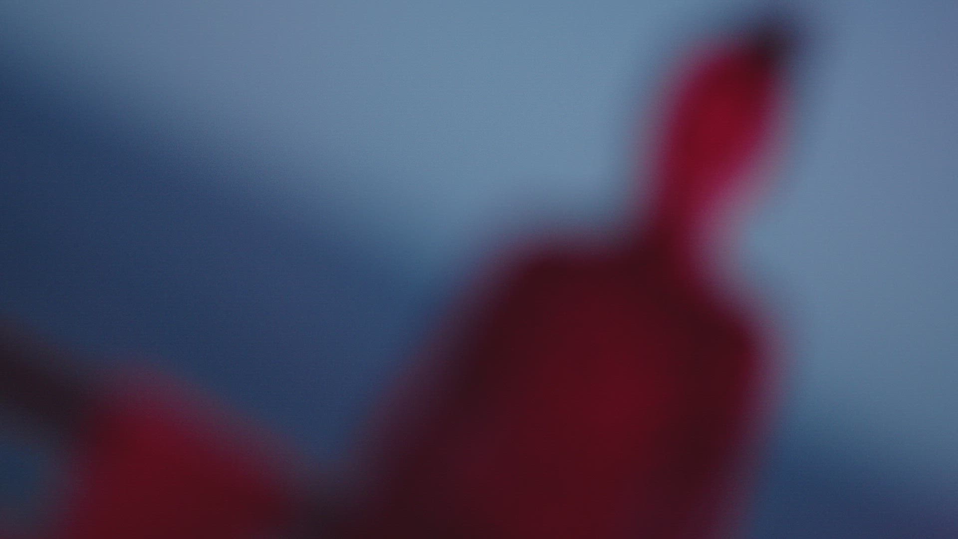 Steady shot to woman illuminated in red over blue sky