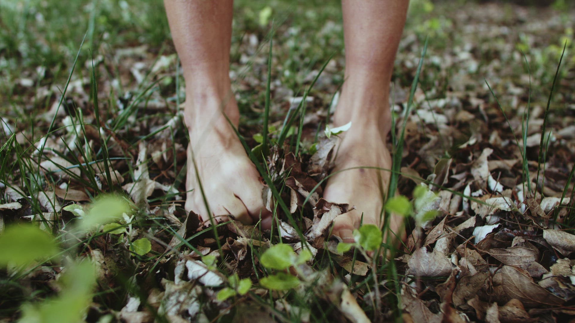 Walking barefoot on leaves