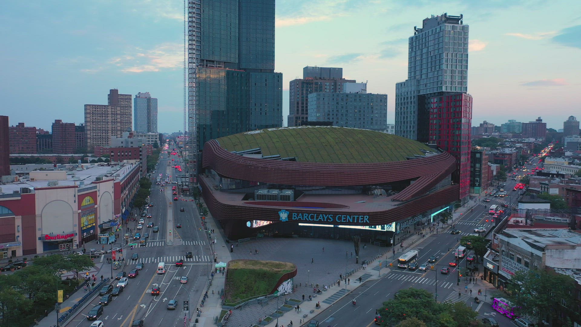 Aerial Sunset Pan View of the Barclay Center in Brooklyn