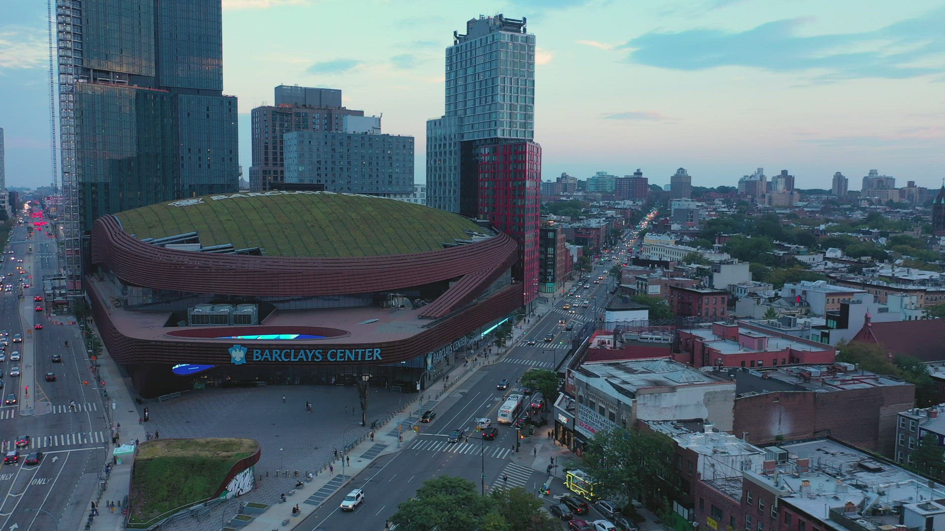 Aerial Sunset Slider View of the Barclay Center in Brooklyn