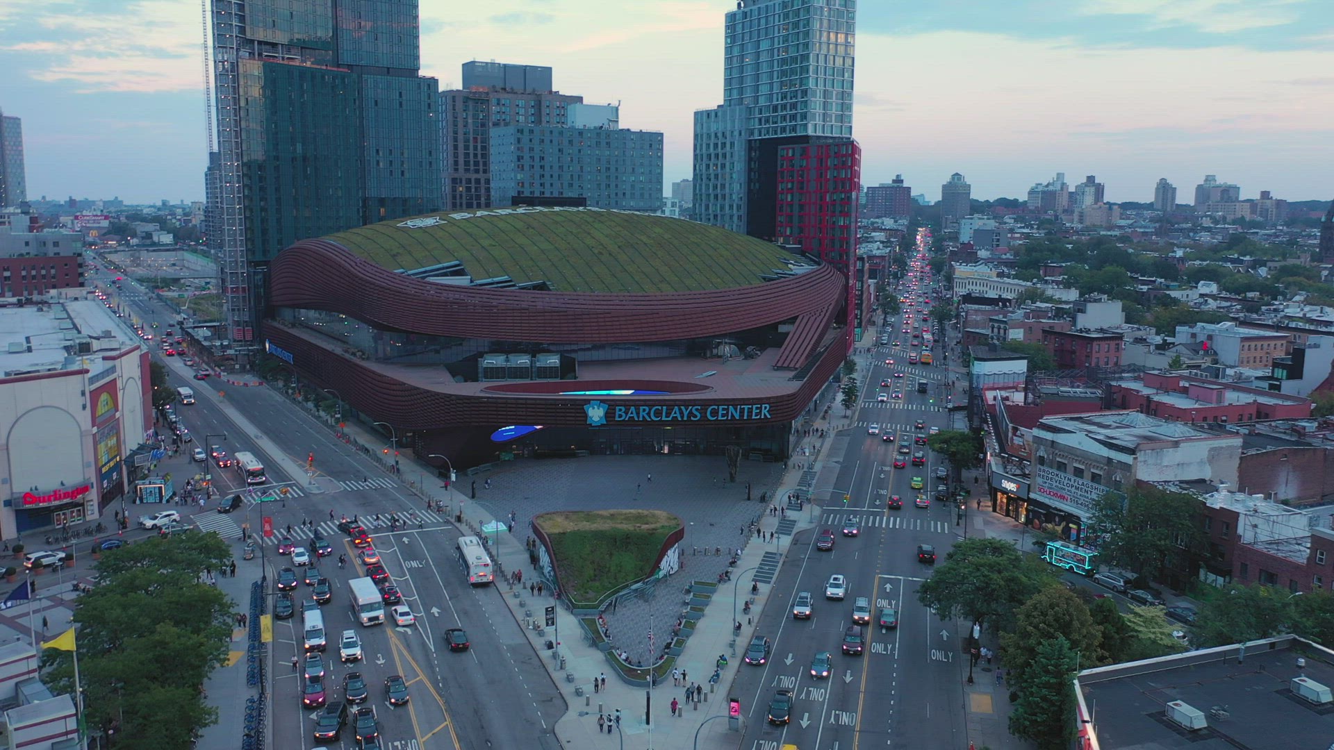 Aerial Sunset Dolly Shot of the Barclay Center in Brooklyn