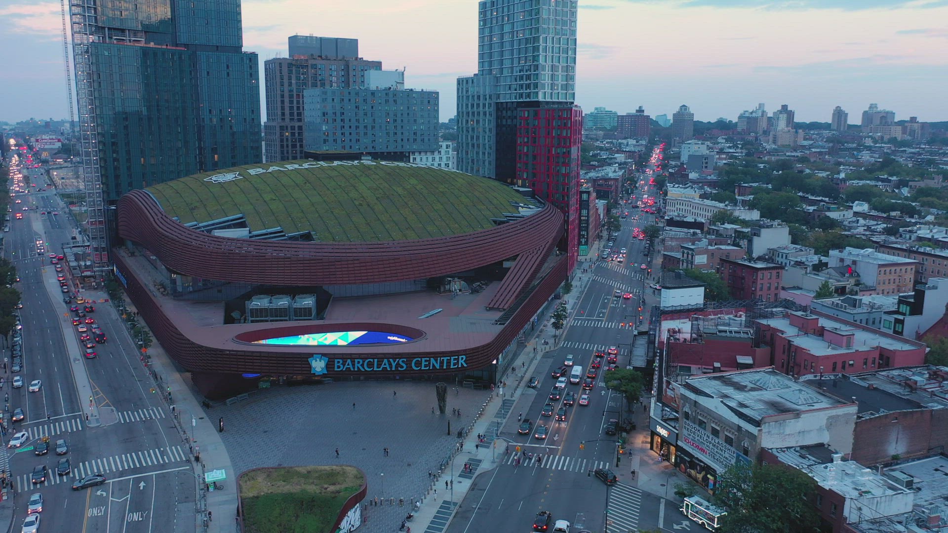 Aerial Sunset Reveal of the Barclay Center in Brooklyn