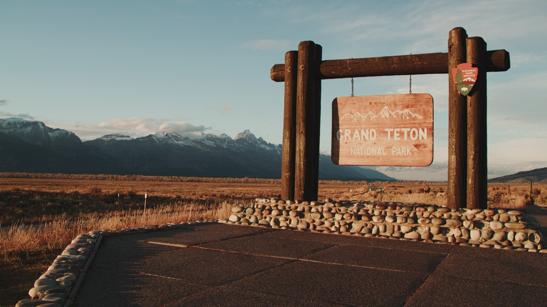 Static shot of Grand Teton National Park sign