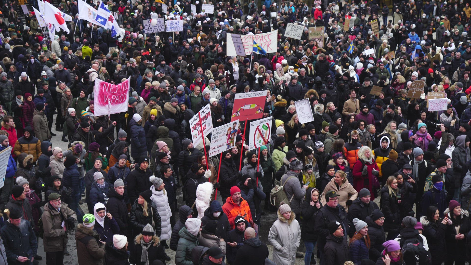 crowd of people protesting against vaccine pass - Sergels Torg in Stockholm