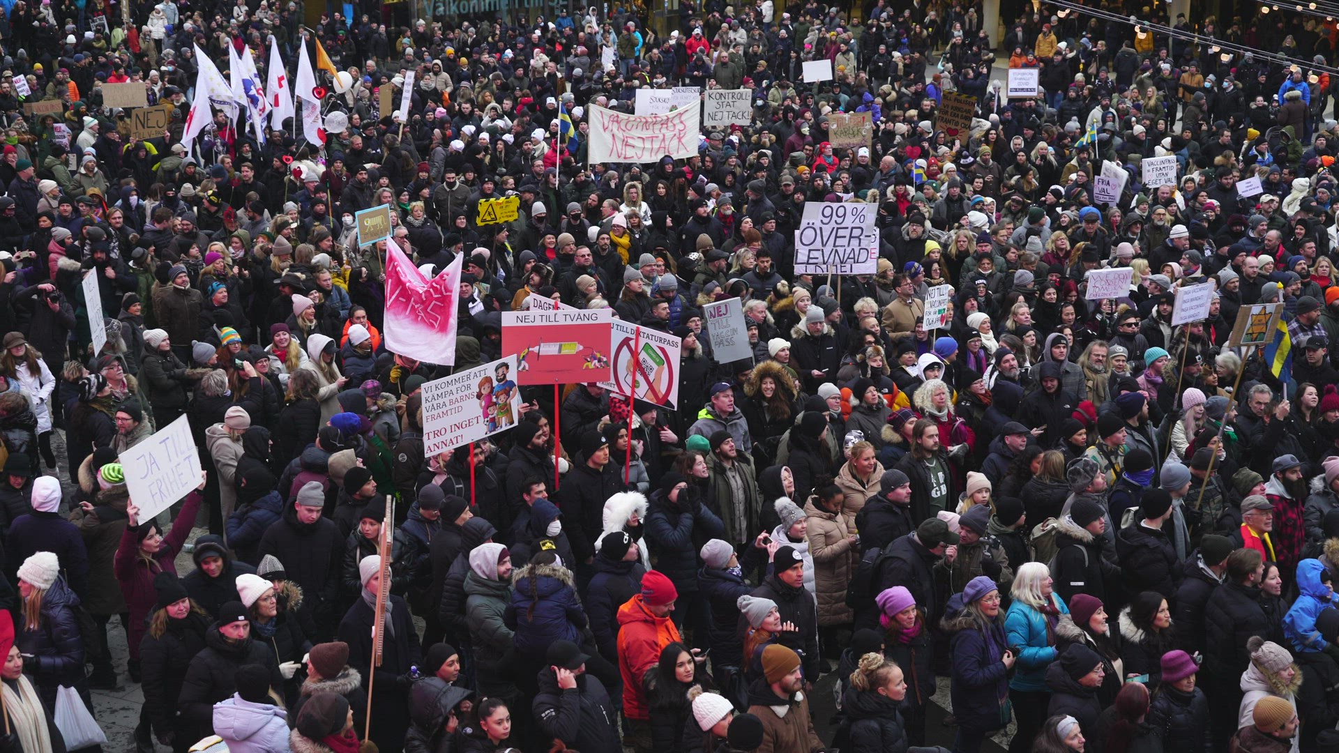 people demonstration against vaccine passes on Sergels Torg in Stockholm