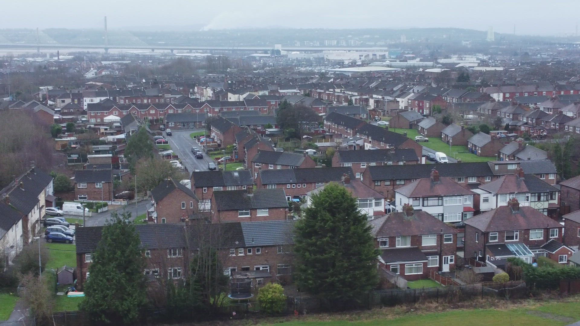 Aerial view rows northern England terraced town houses