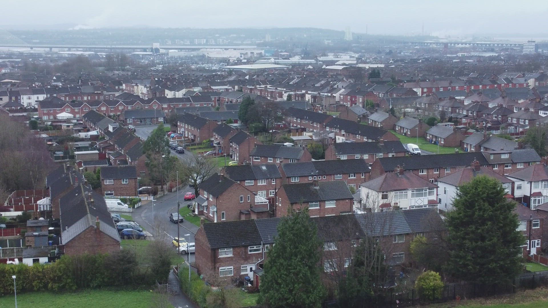 Aerial view rows northern England terraced town houses