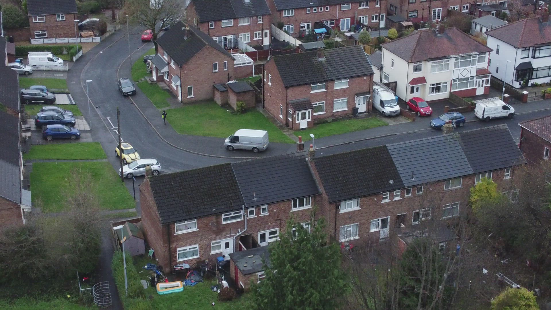 Aerial view rows northern England terraced town houses