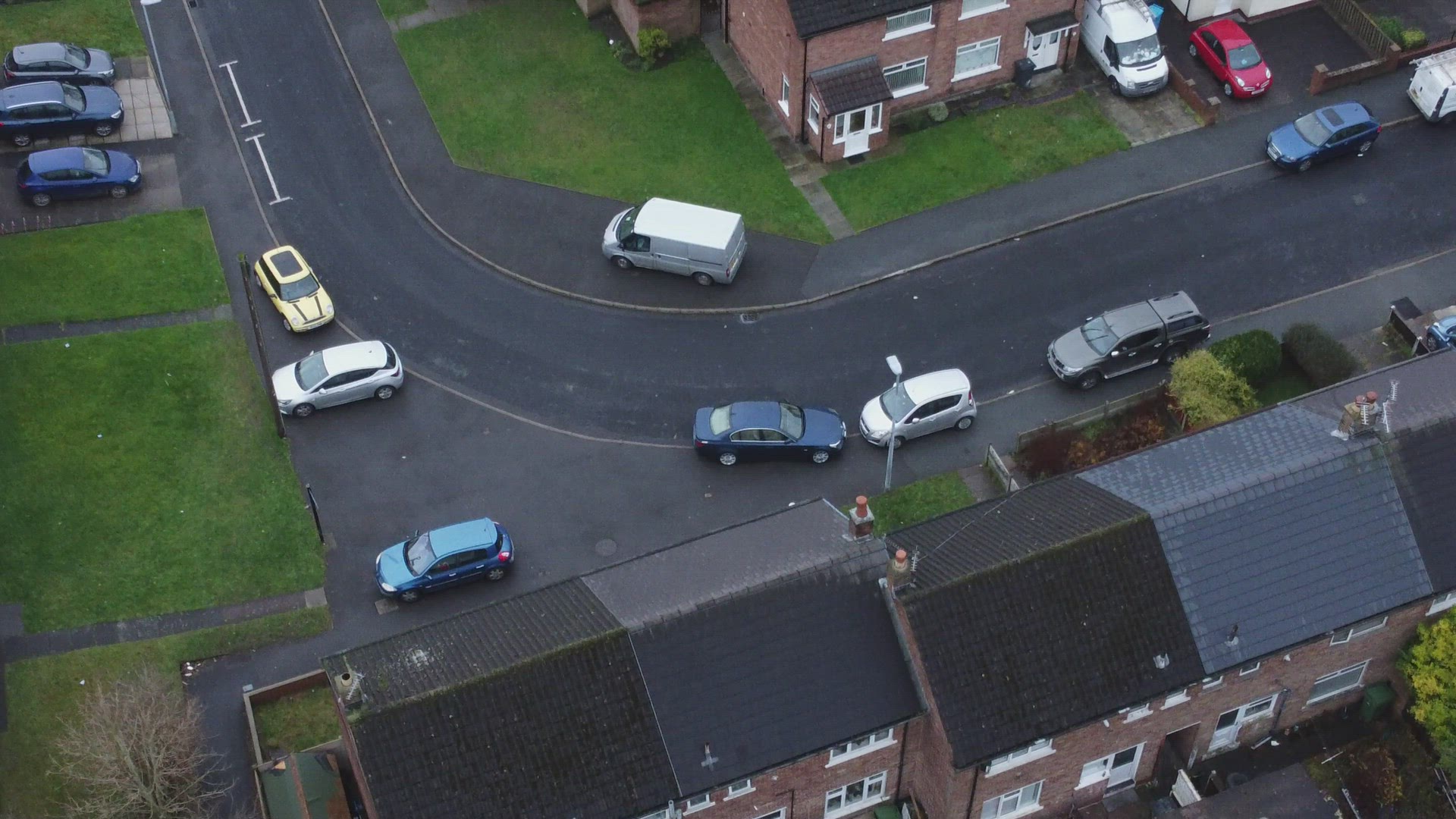 Aerial view rows northern England terraced town houses
