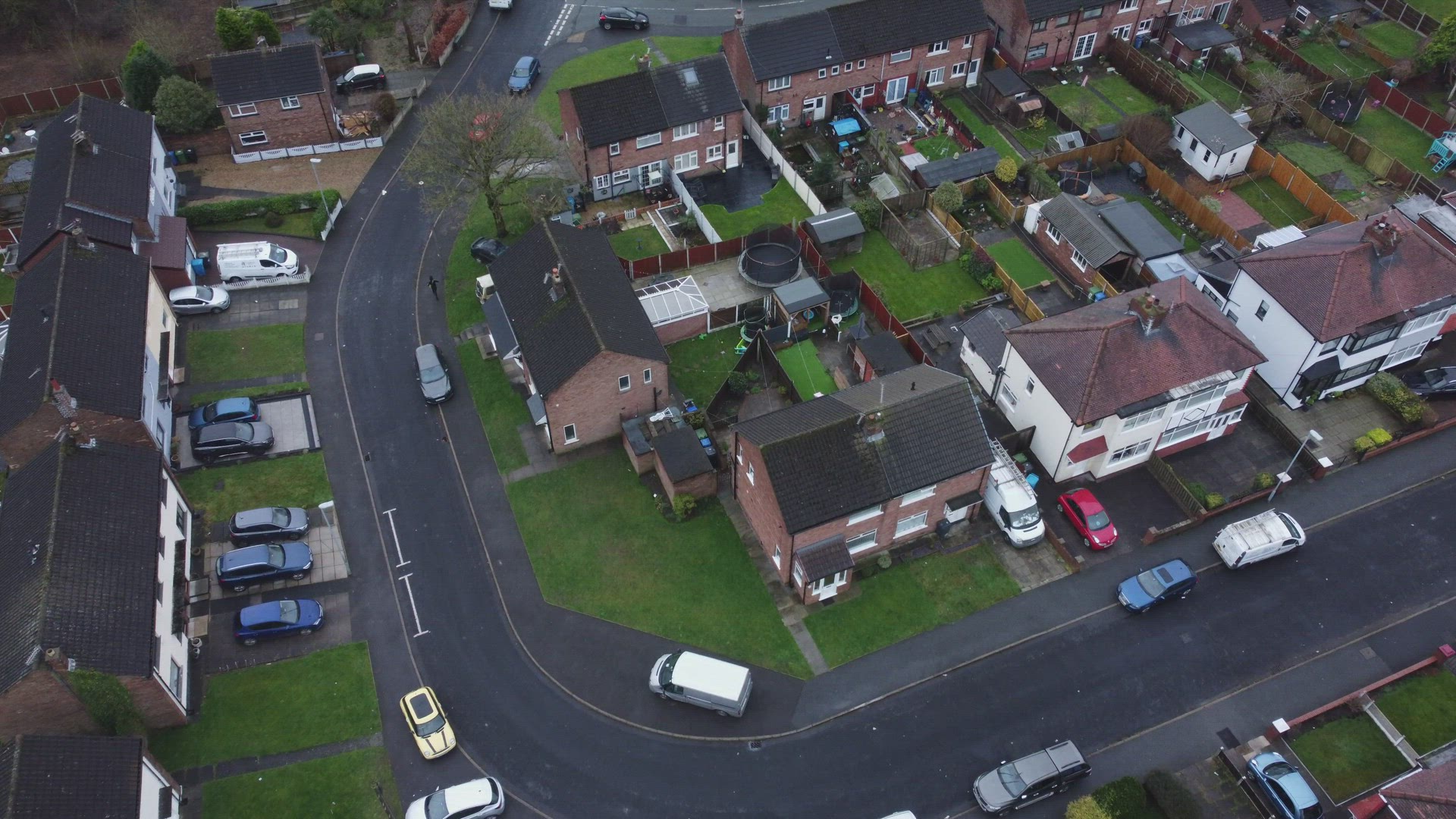 Aerial view rows northern England terraced town houses