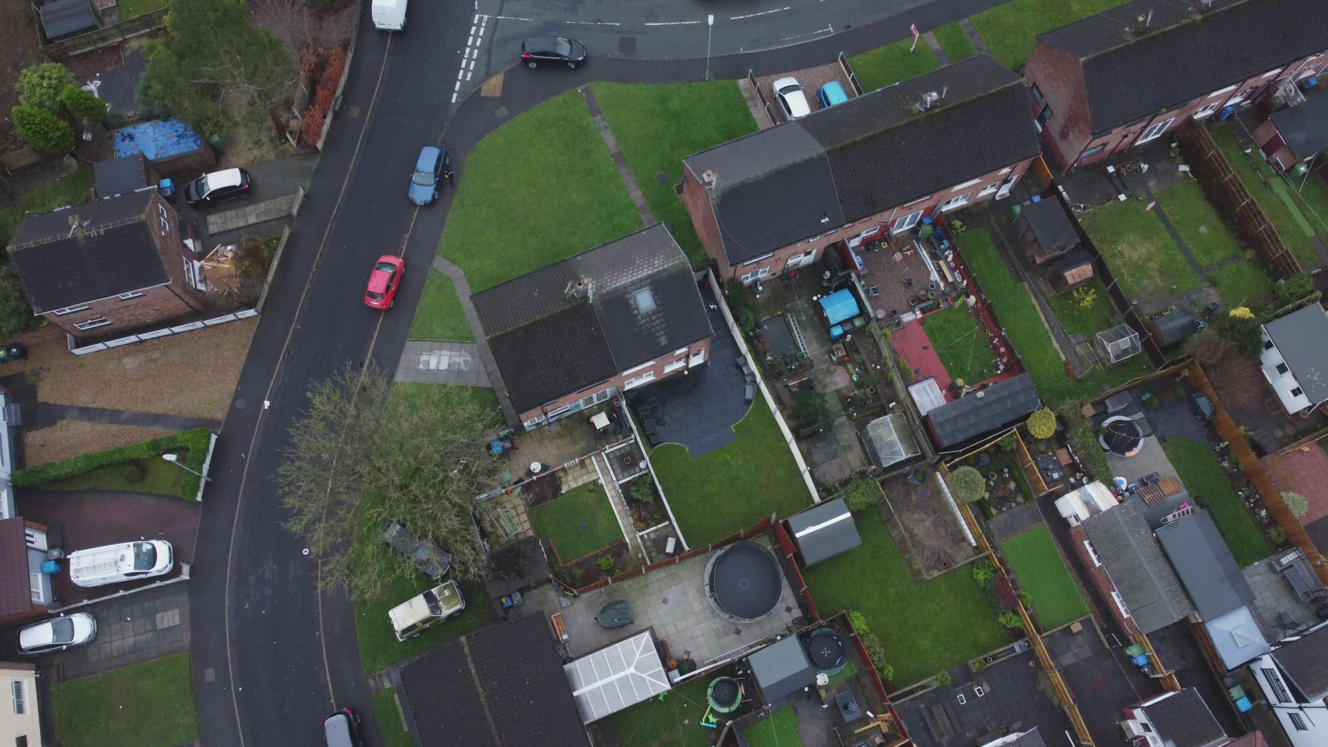 Aerial view rows northern England terraced town houses