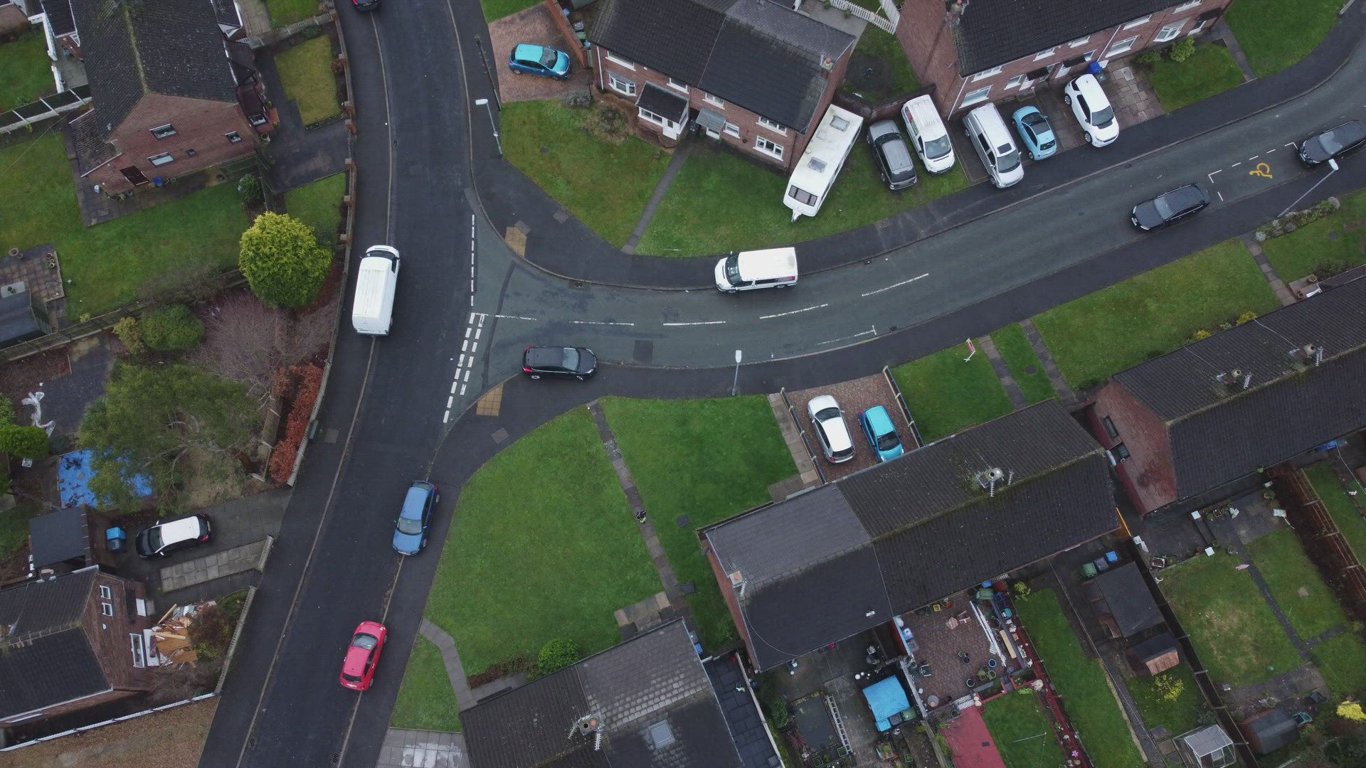 Aerial view rows northern England terraced town houses