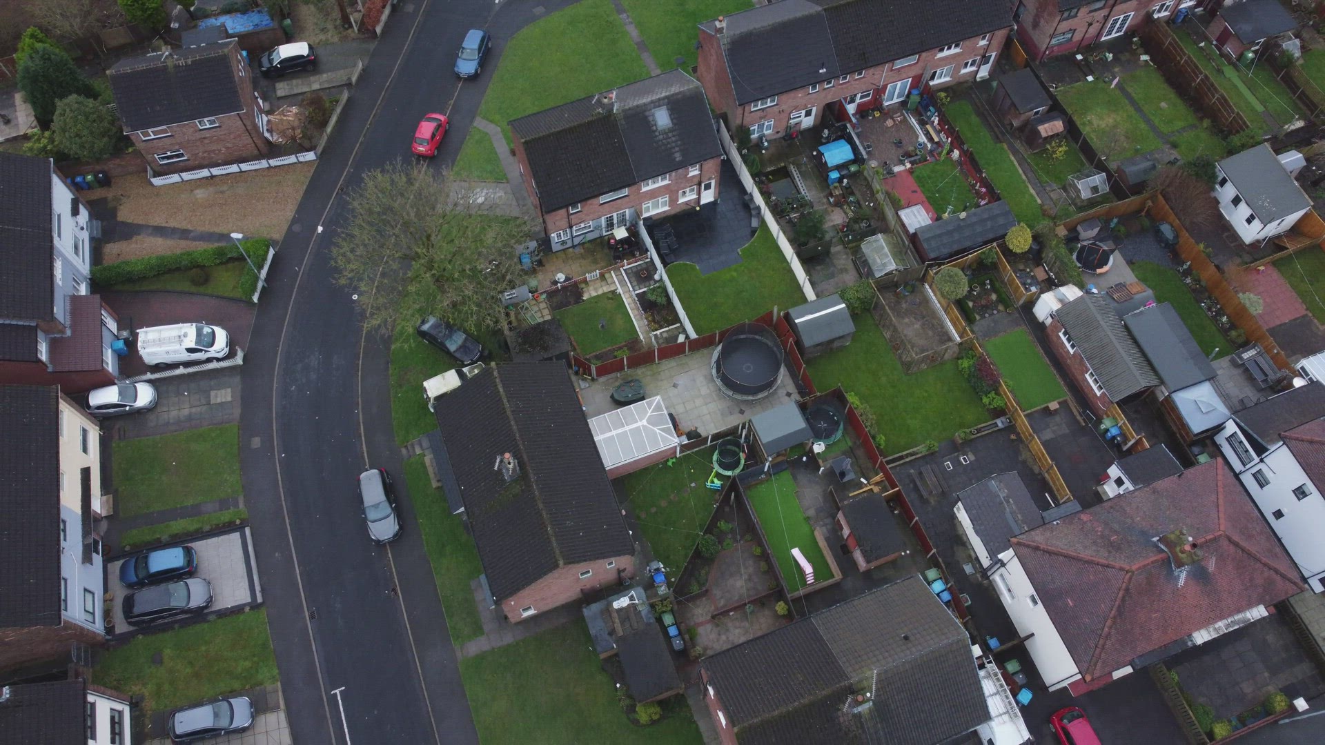 Aerial view rows northern England terraced town houses