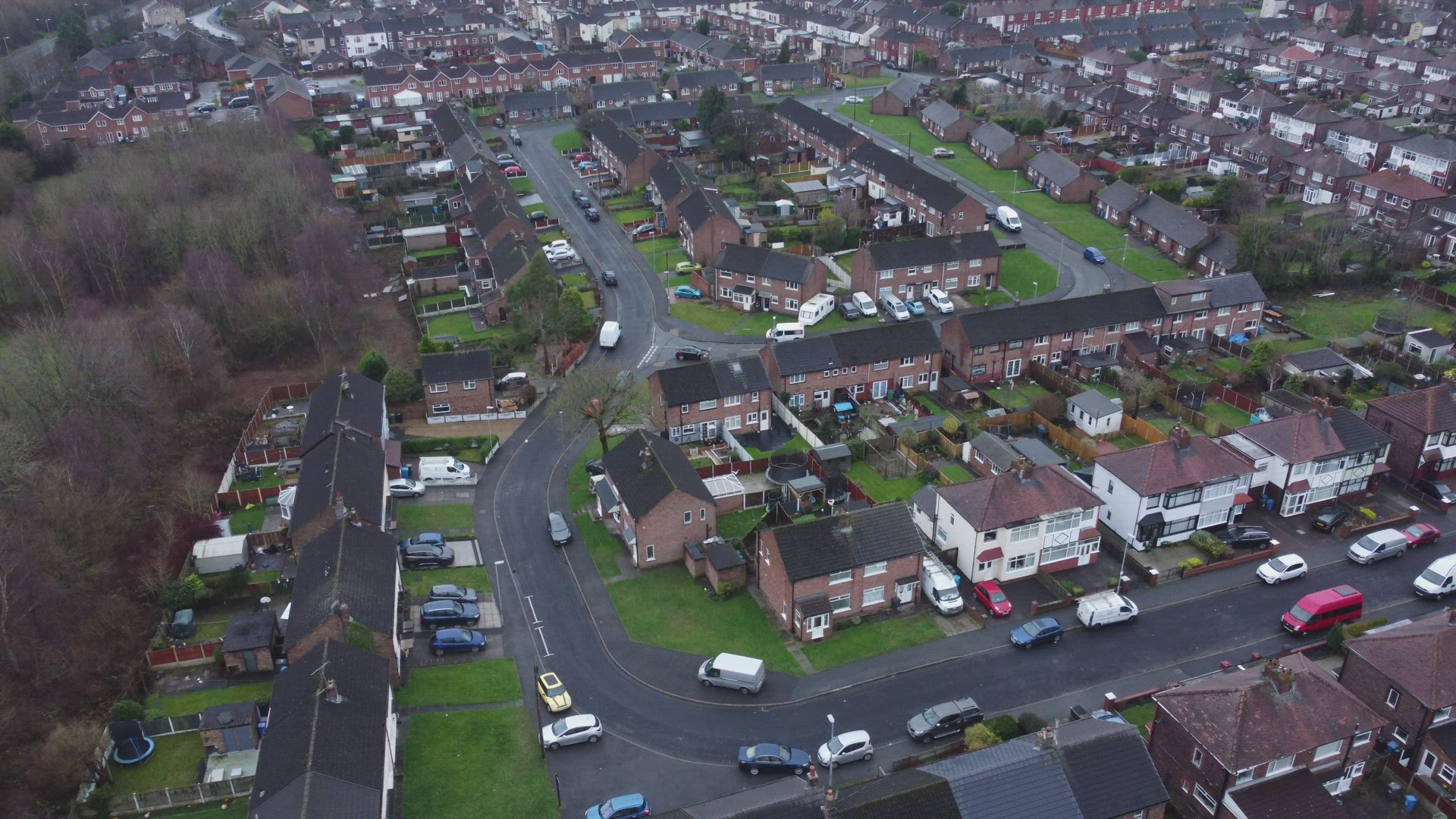 Aerial view rows northern England terraced town houses