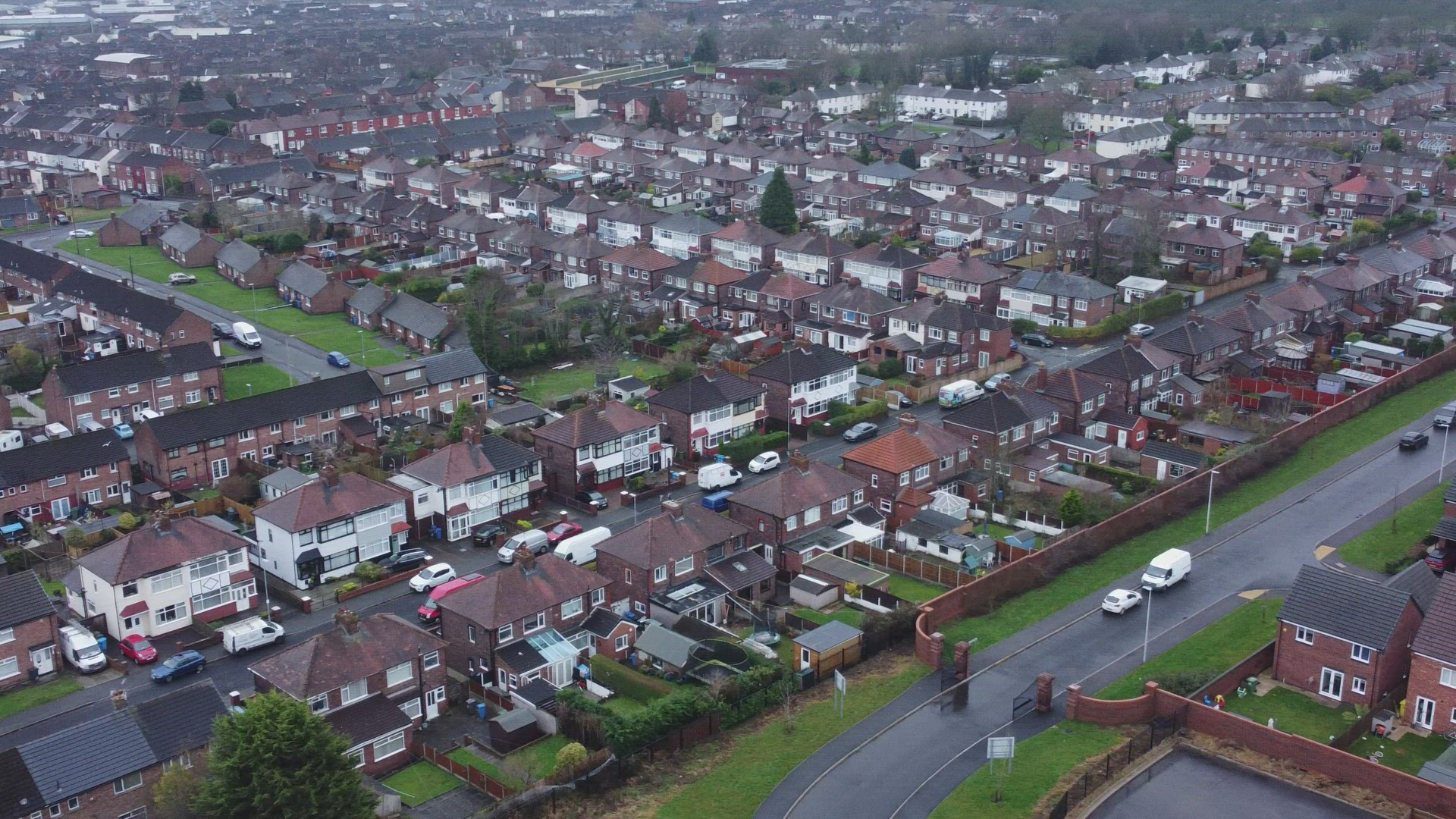 Aerial view rows northern England terraced town houses