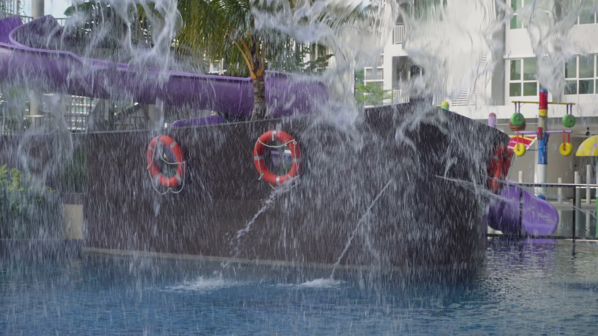 Selective focus water fall at foreground in ship