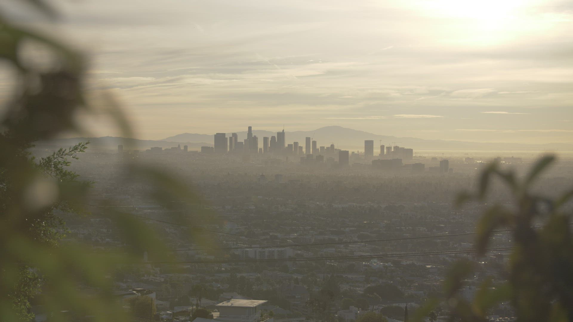 View of early morning sunrise over downtown LA, view from Hollywood Hills