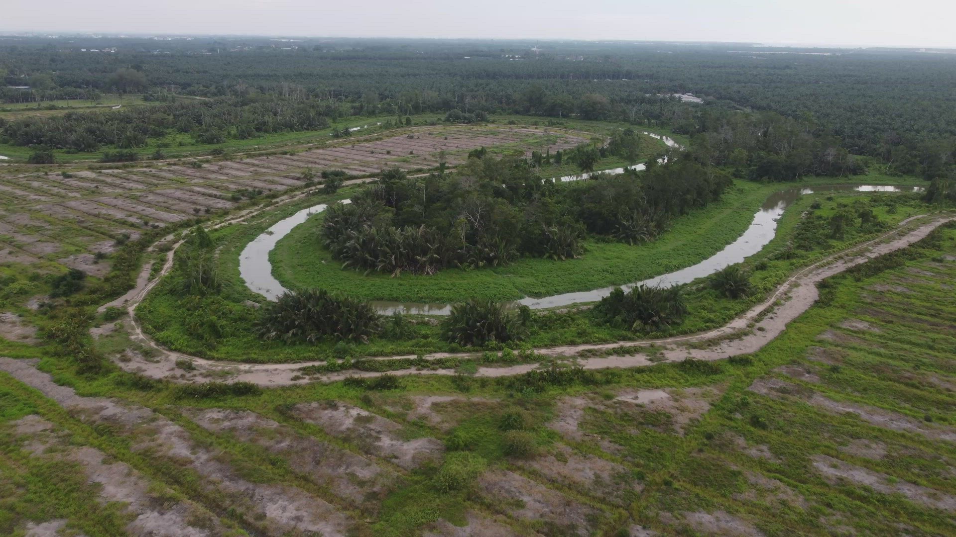 Aerial fly over the curve river with cultivated land
