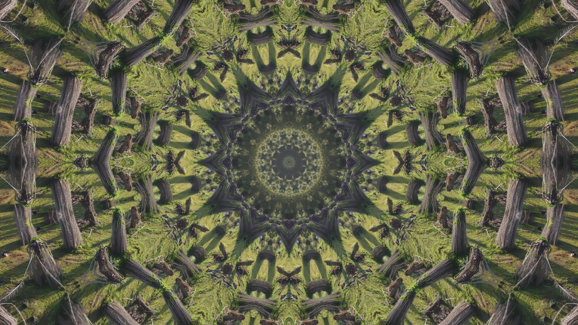Dry palm tree in kaleidoscopic view.