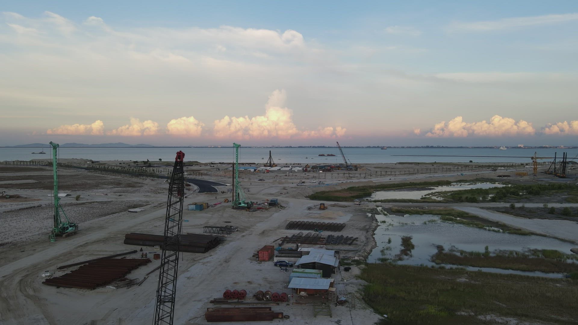 Aerial view construction site near reclamation land
