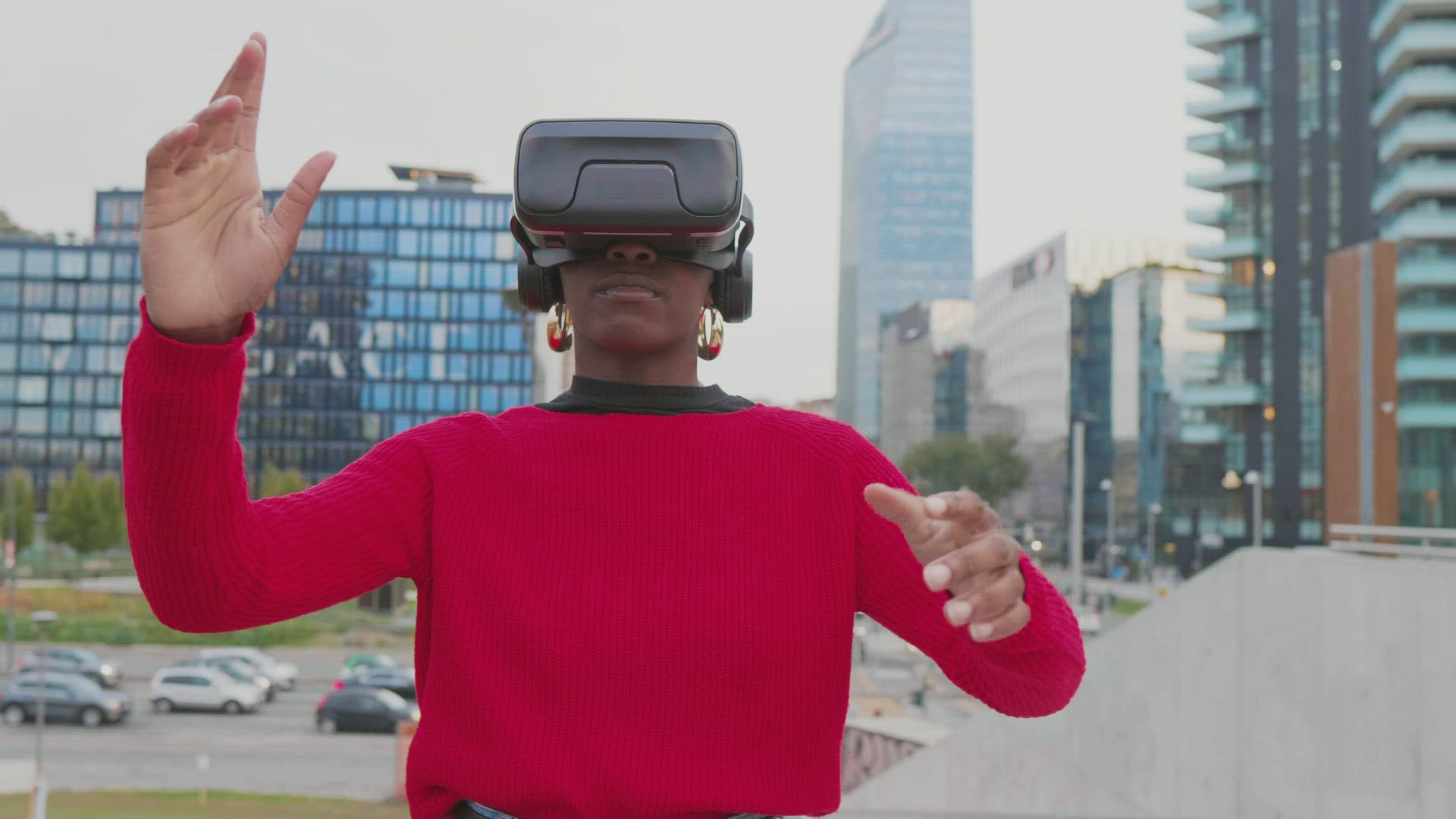 Woman with VR goggles in city