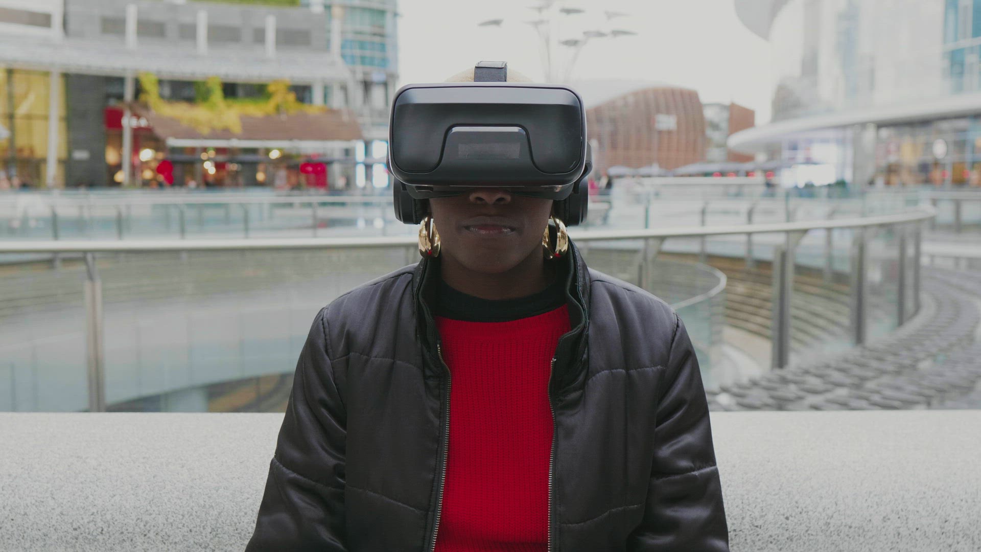 Woman with VR goggles in city