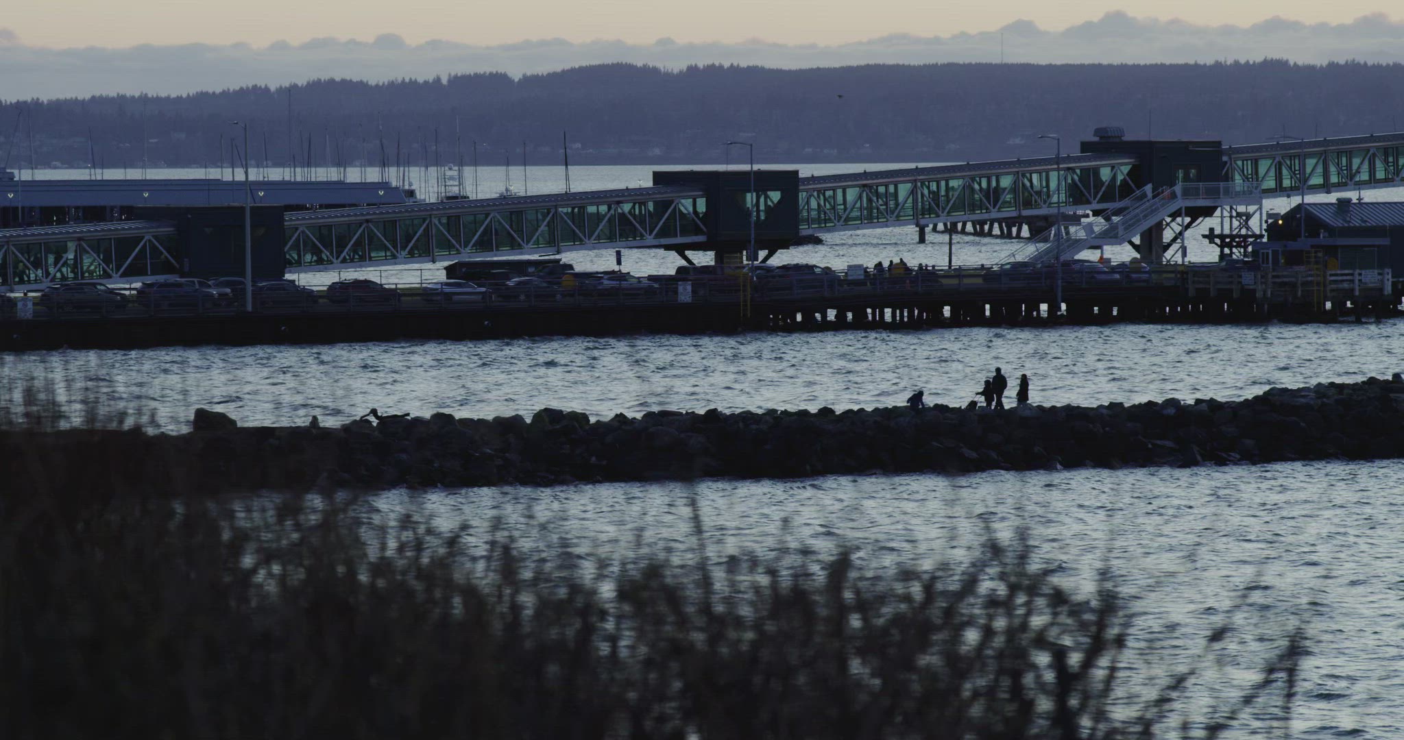 Cars and people getting off ferry